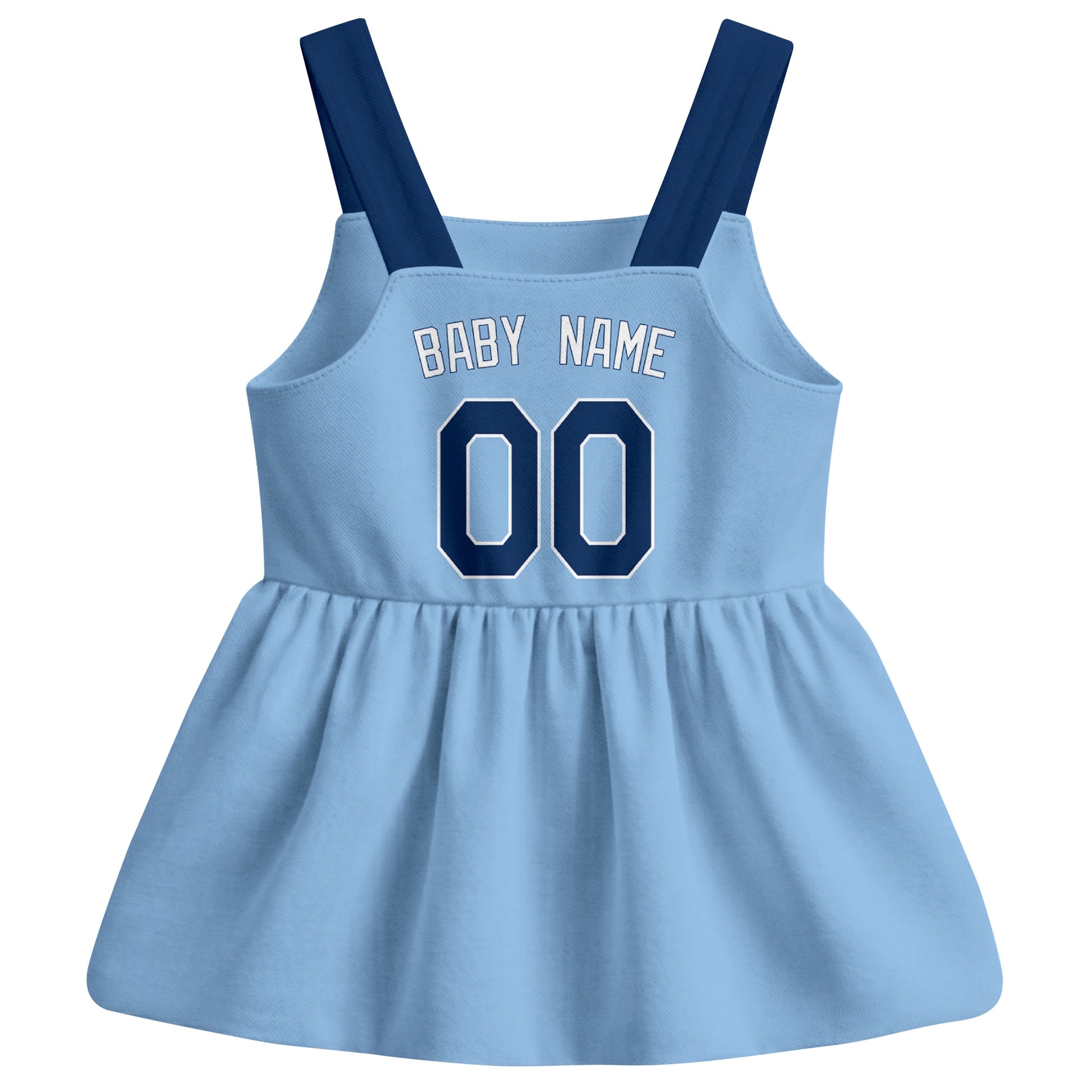 Light Blue Tampa B-inspired baseball baby strap dress back view with custom baby name and number