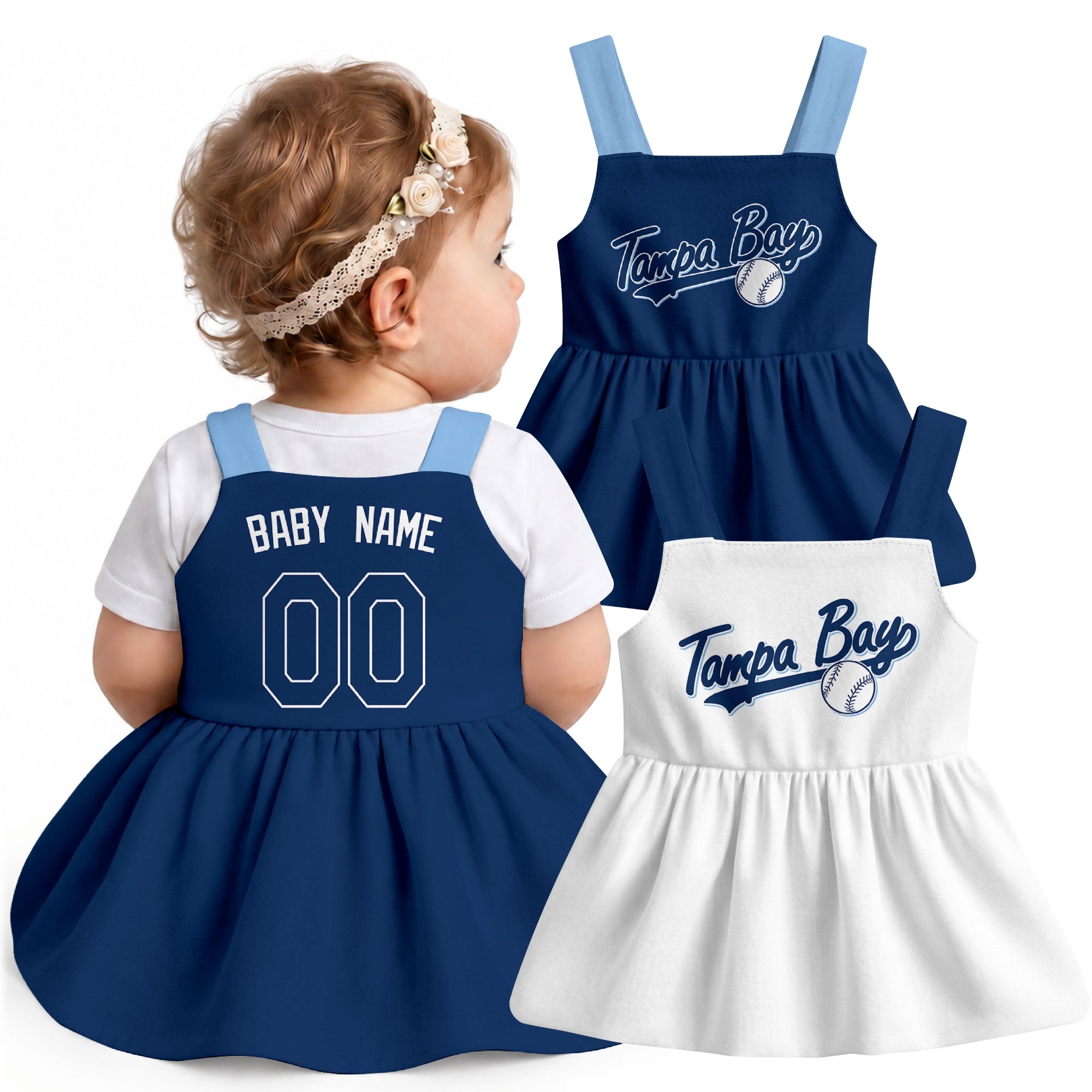 Tampa B-inspired baseball baby strap dress modeled in Navy, with Navy and White front designs shown