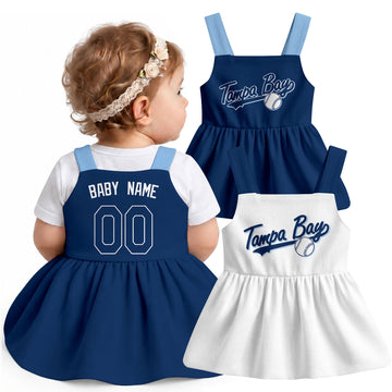 Tampa B-inspired baseball baby strap dress modeled in Navy, with Navy and White front designs shown