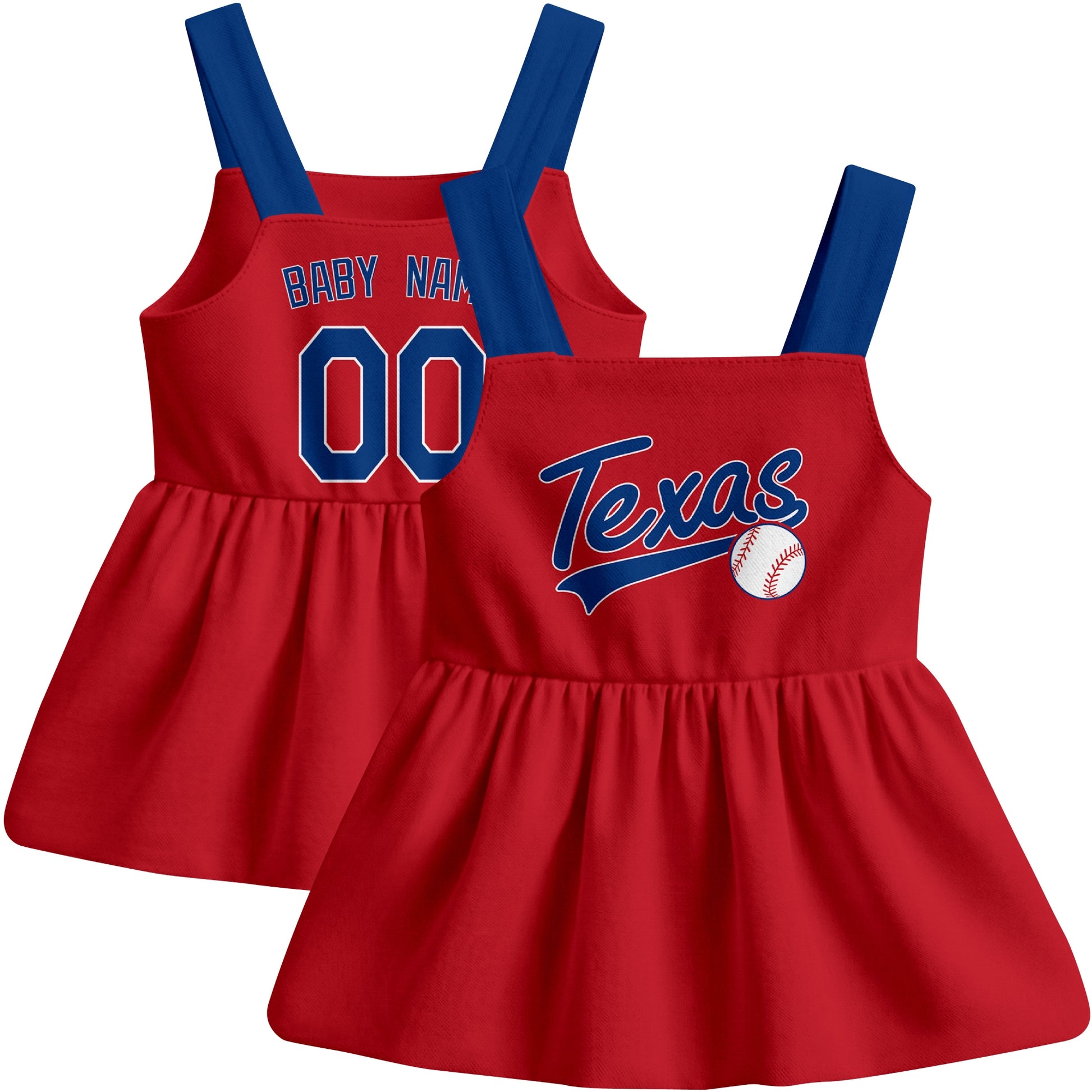 Red Texas-inspired baseball baby strap dress front and back view with custom name and number