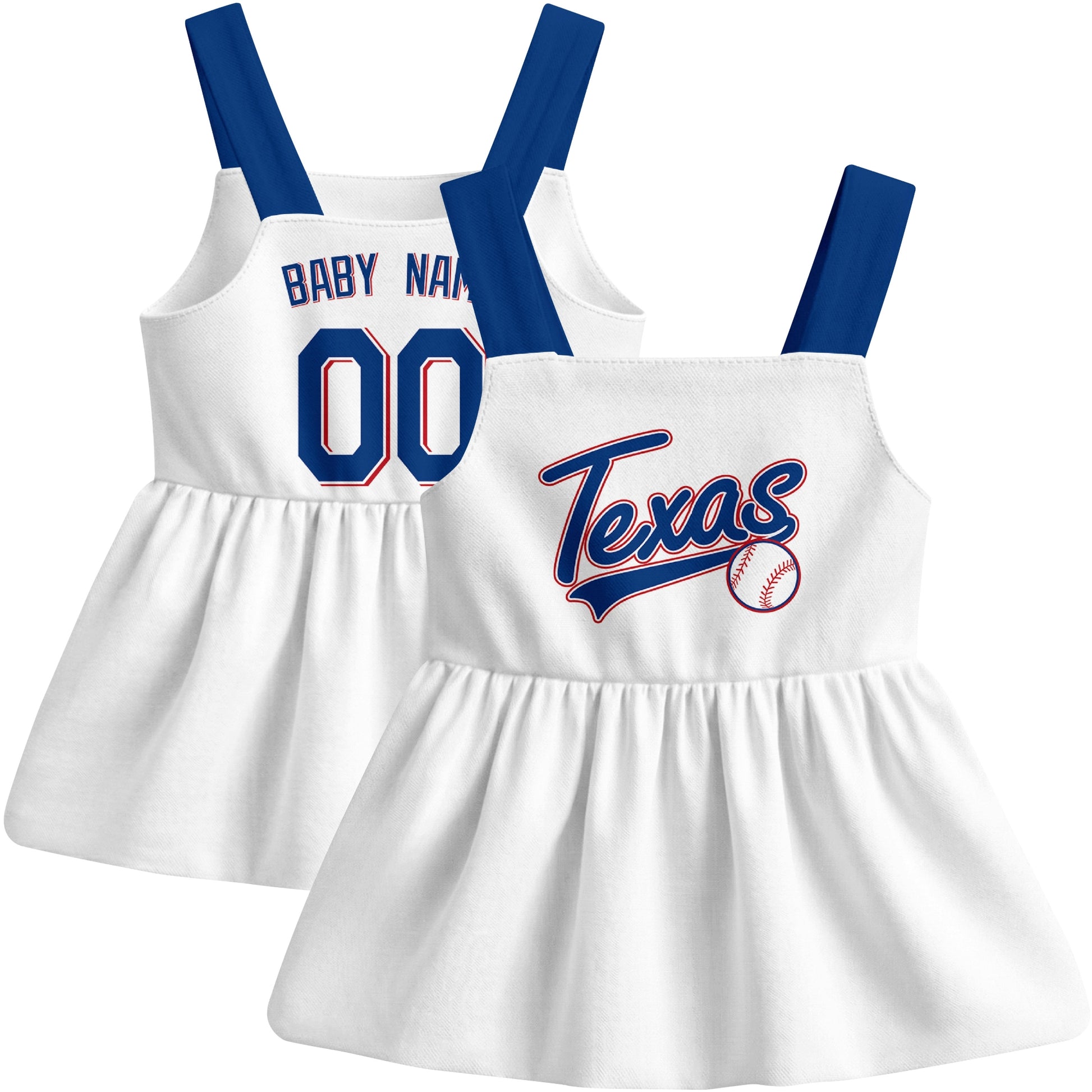 White Texas-inspired baseball baby strap dress front and back view with custom name and number