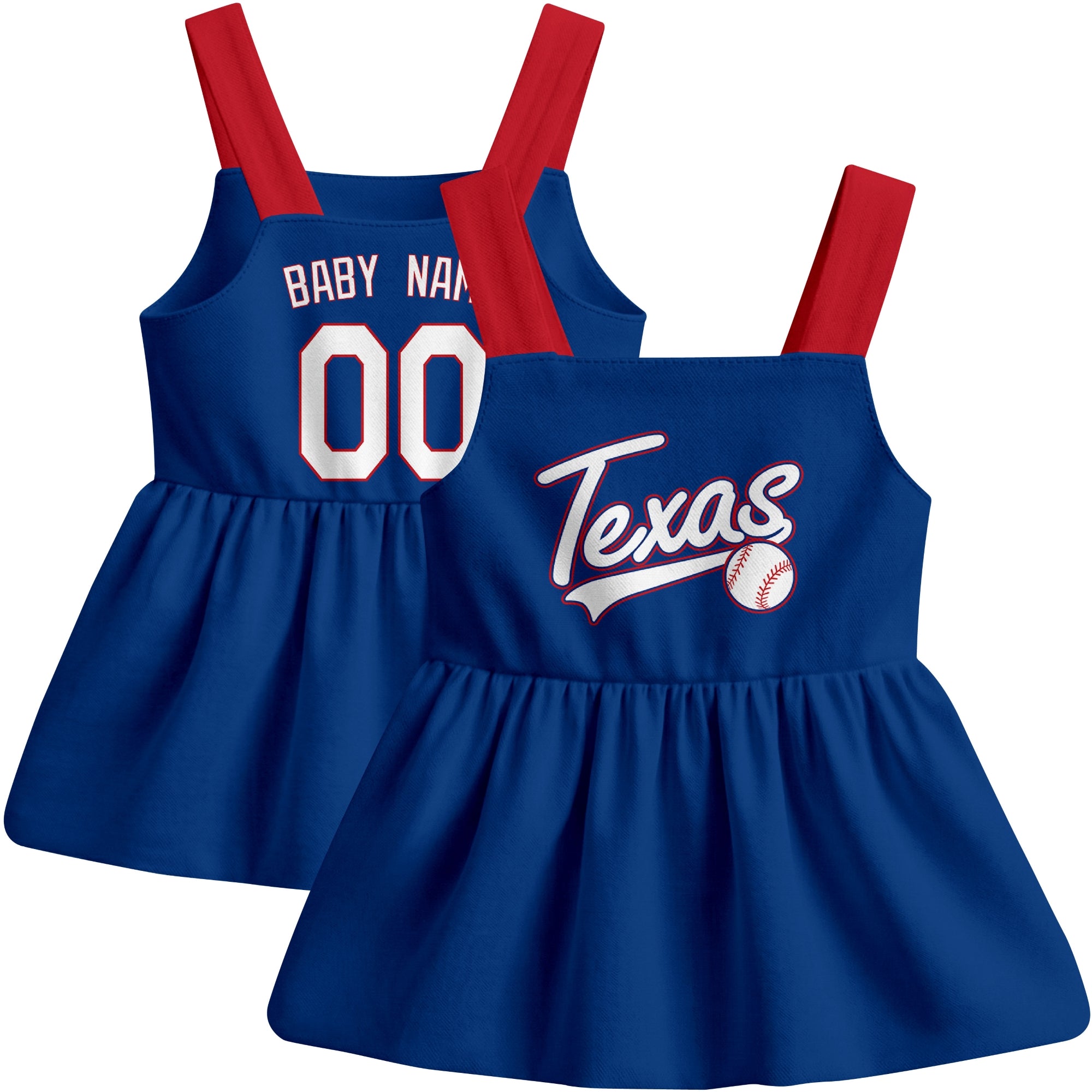Royal Texas-inspired baseball baby strap dress front and back view with custom name and number