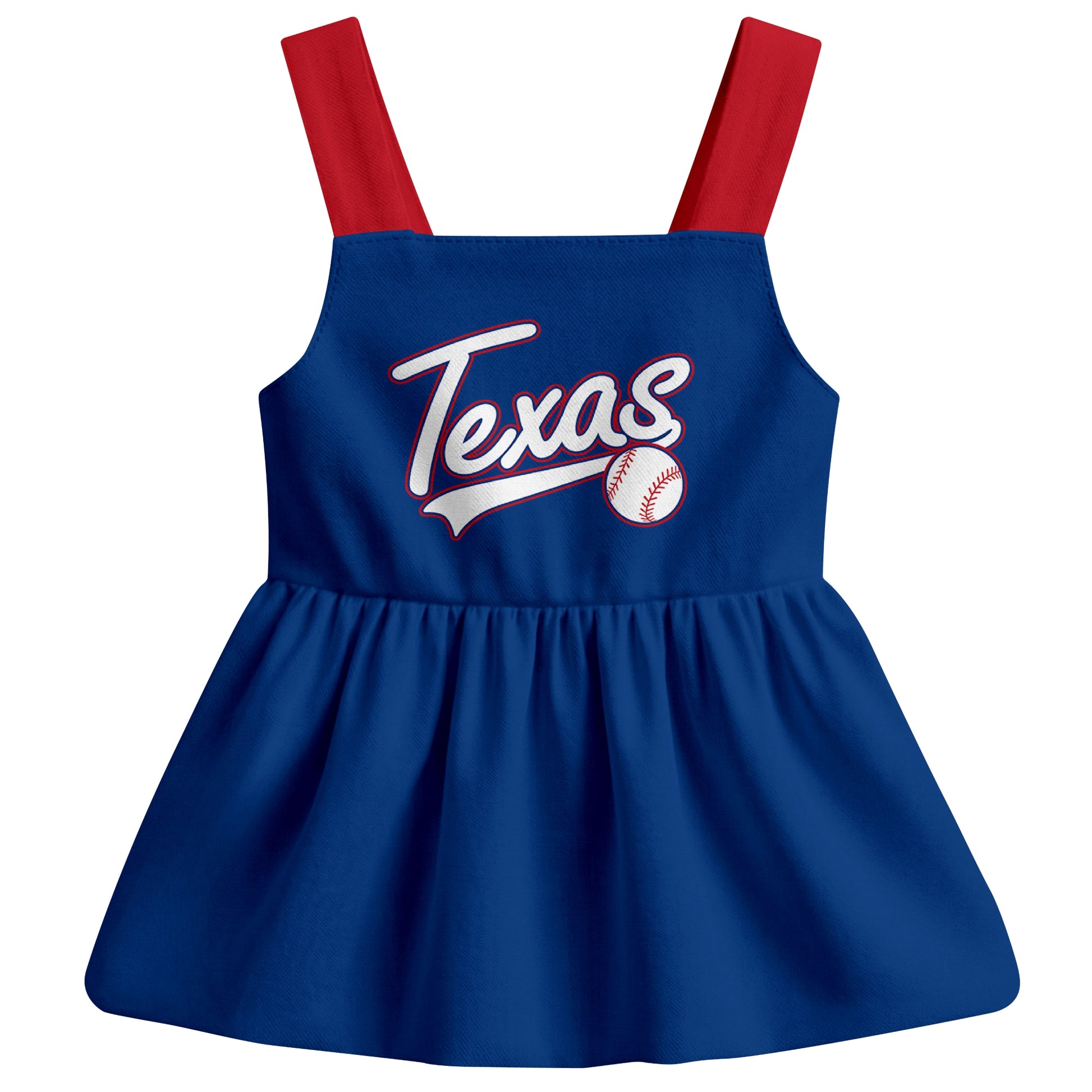 Royal Texas-inspired baseball baby strap dress front view with bold baseball graphic