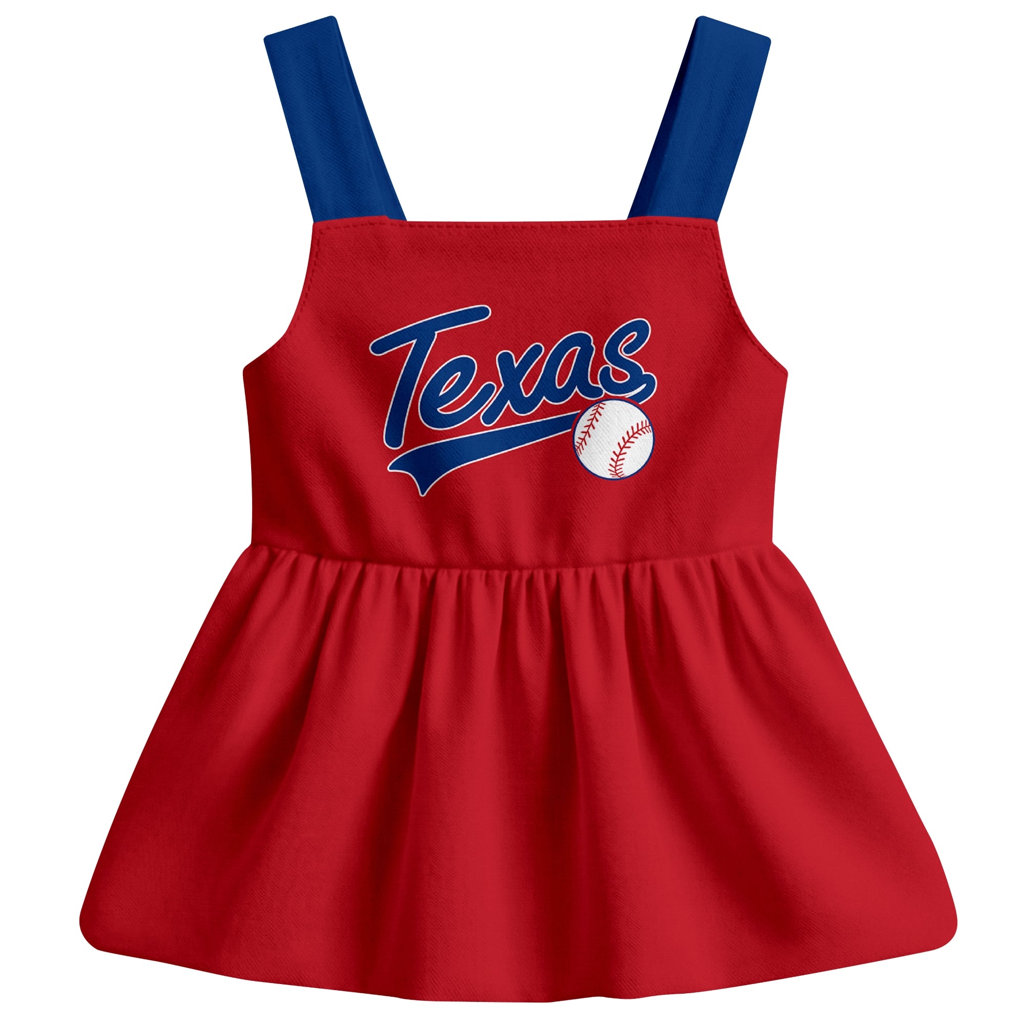 Red Texas-inspired baseball baby strap dress front view with bold baseball graphic