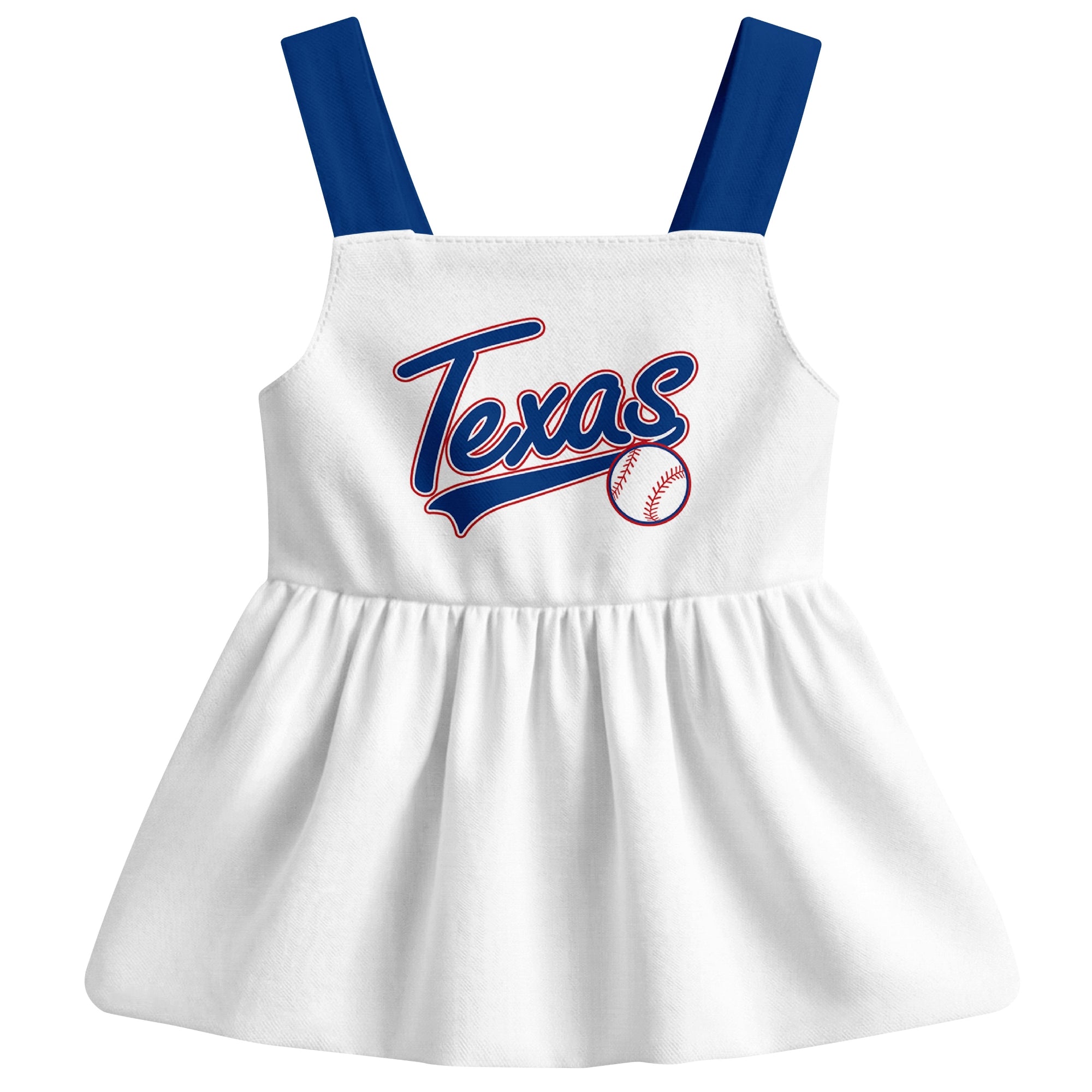 White Texas-inspired baseball baby strap dress front view with bold baseball graphic