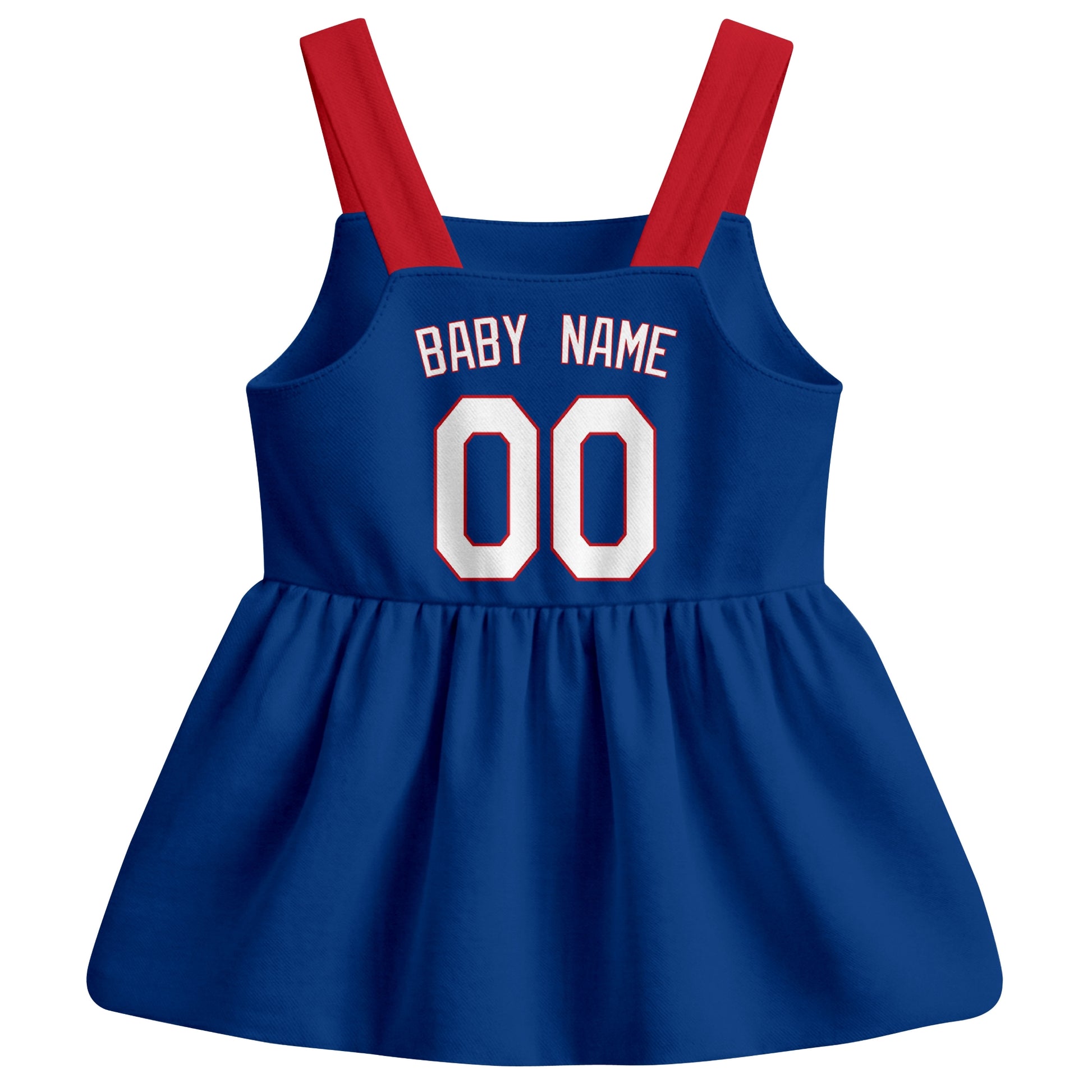 Royal Texas-inspired baseball baby strap dress back view with custom baby name and number
