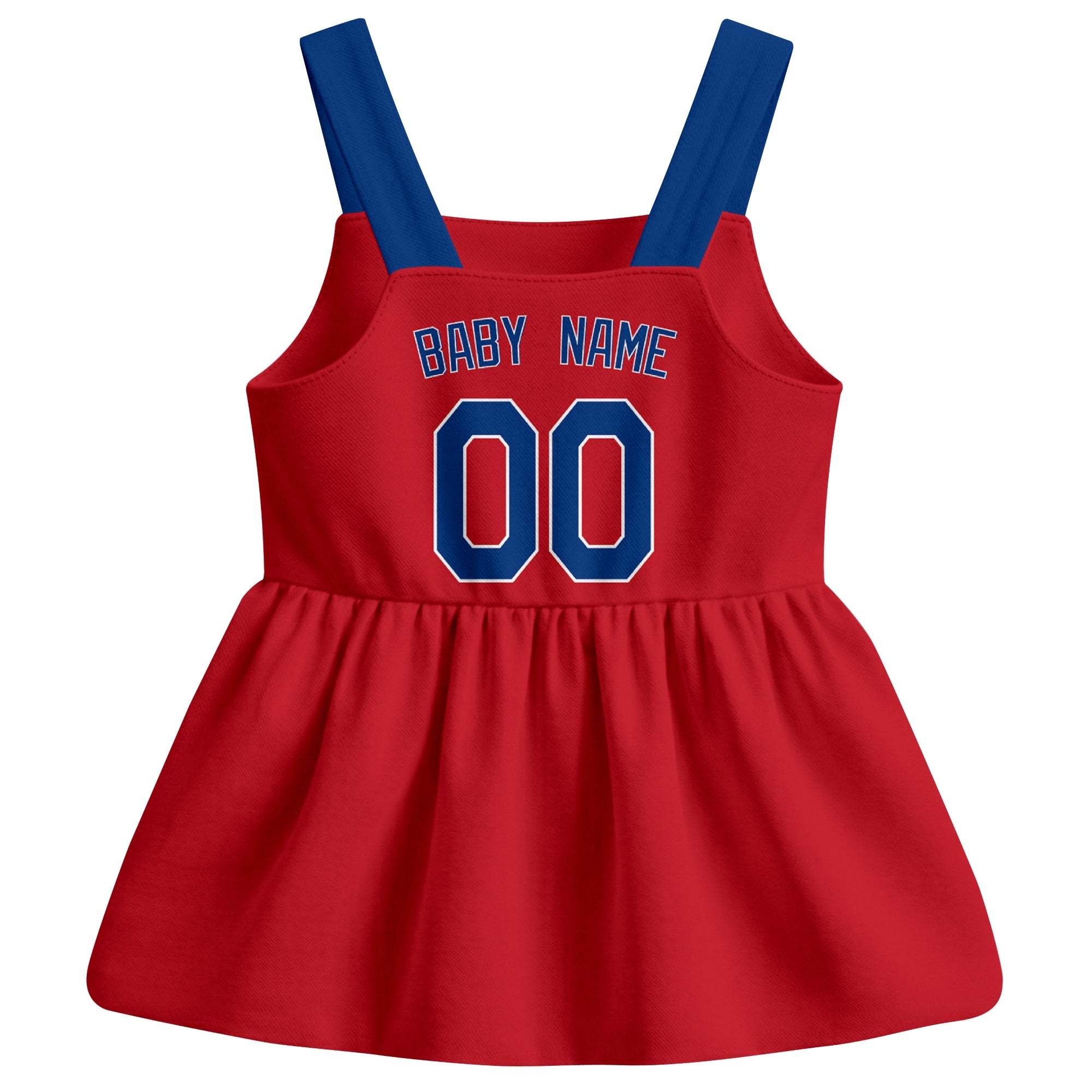 Red Texas-inspired baseball baby strap dress back view with custom baby name and number
