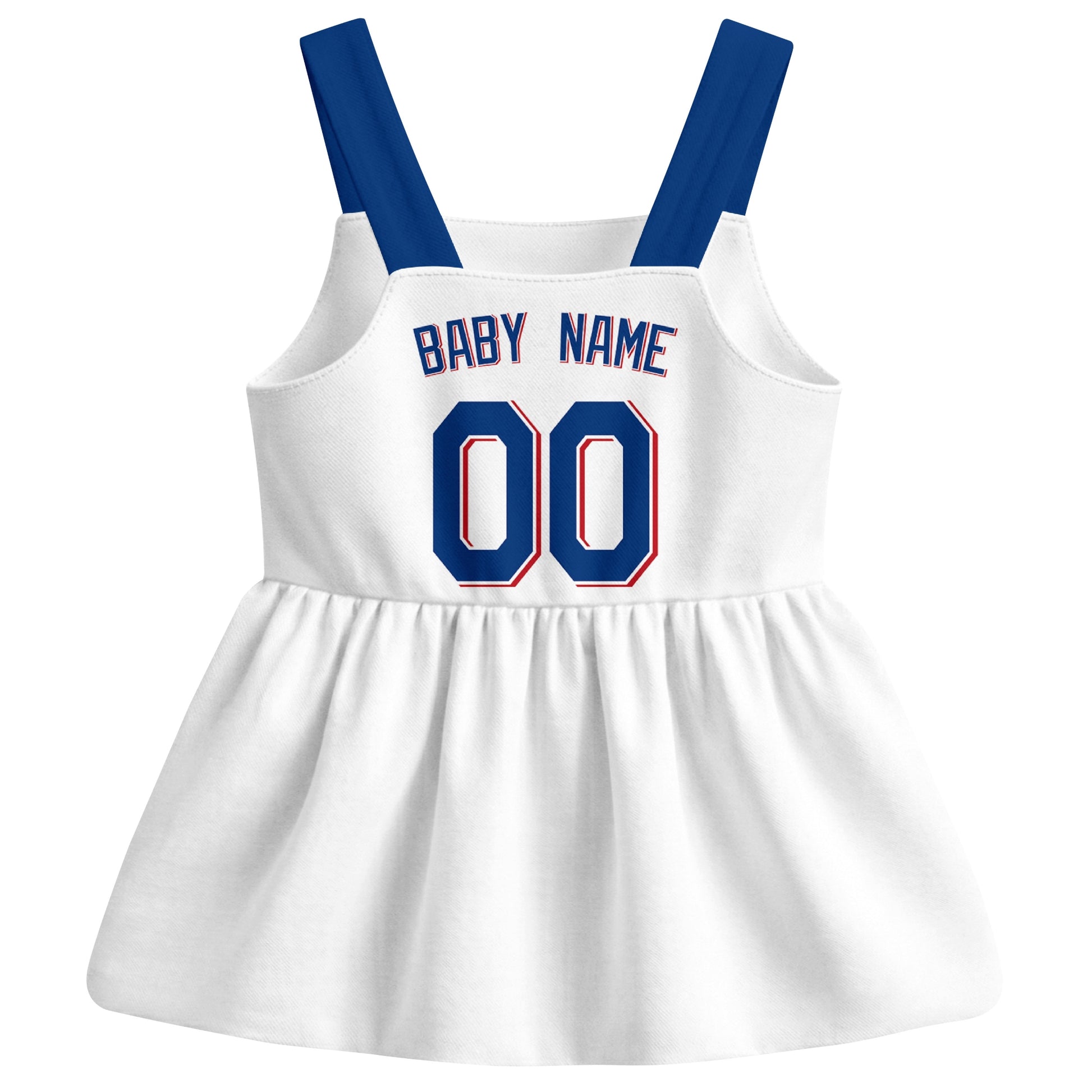White Texas-inspired baseball baby strap dress back view with custom baby name and number
