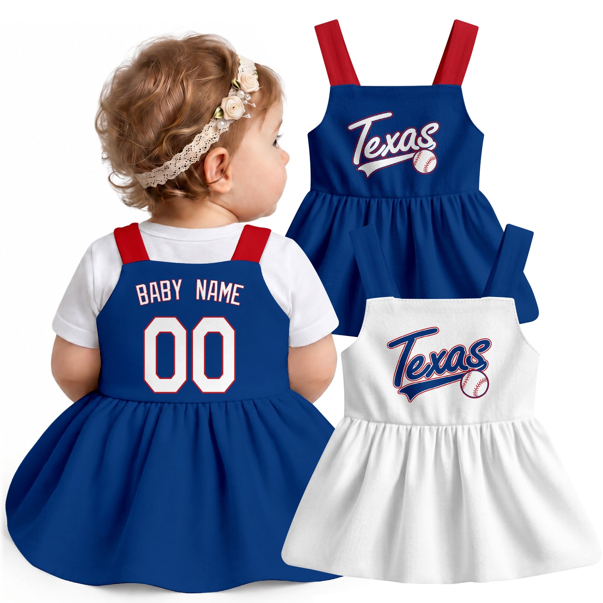 Texas-inspired baseball baby strap dress modeled in Royal, with Royal and White front designs shown