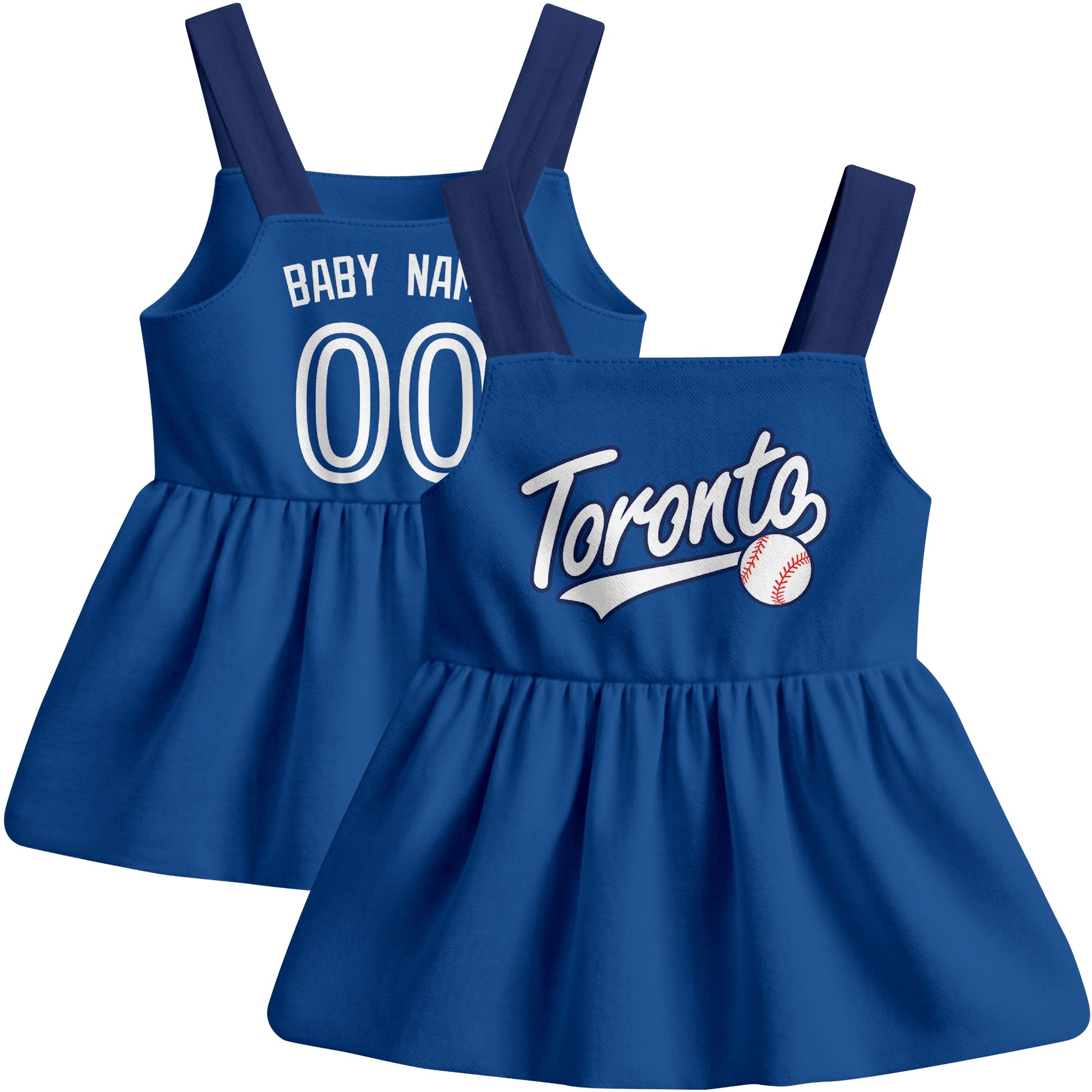 Royal Toronto-inspired baseball baby strap dress front and back view with custom name and number