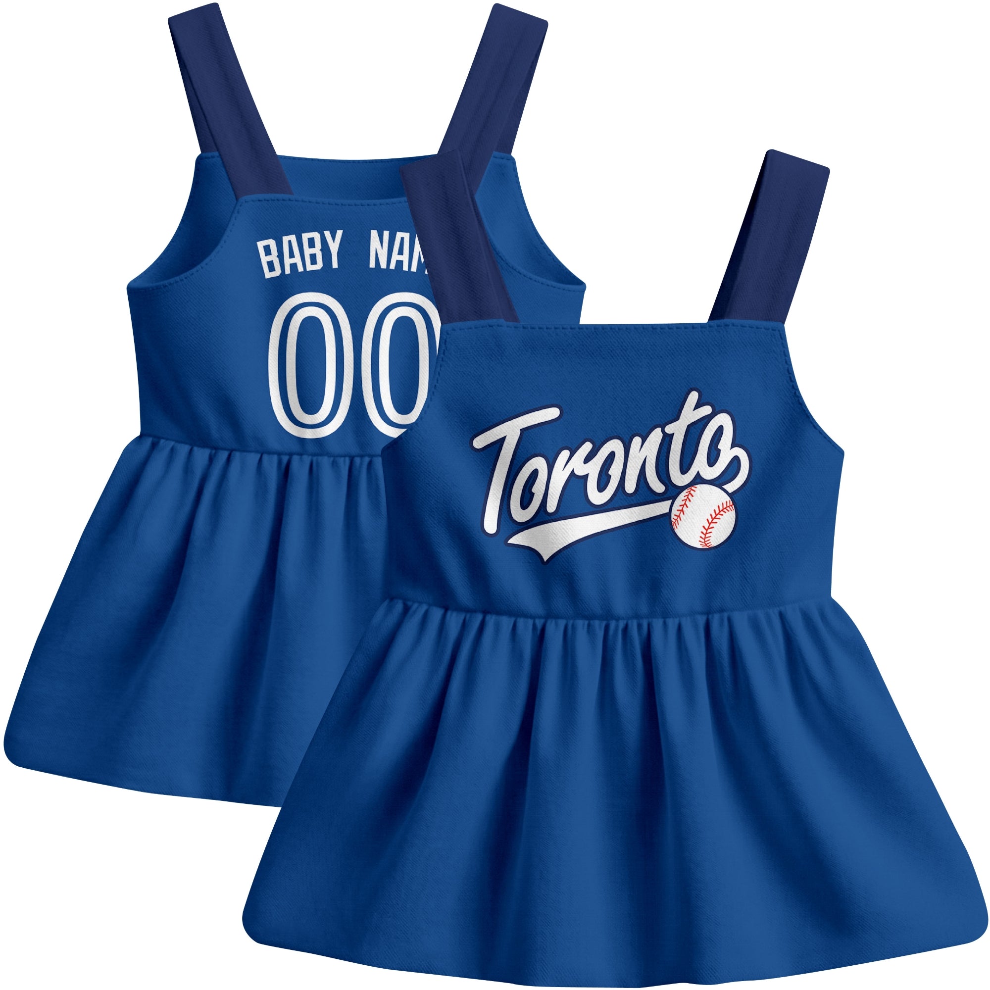 Royal Toronto-inspired baseball baby strap dress front and back view with custom name and number