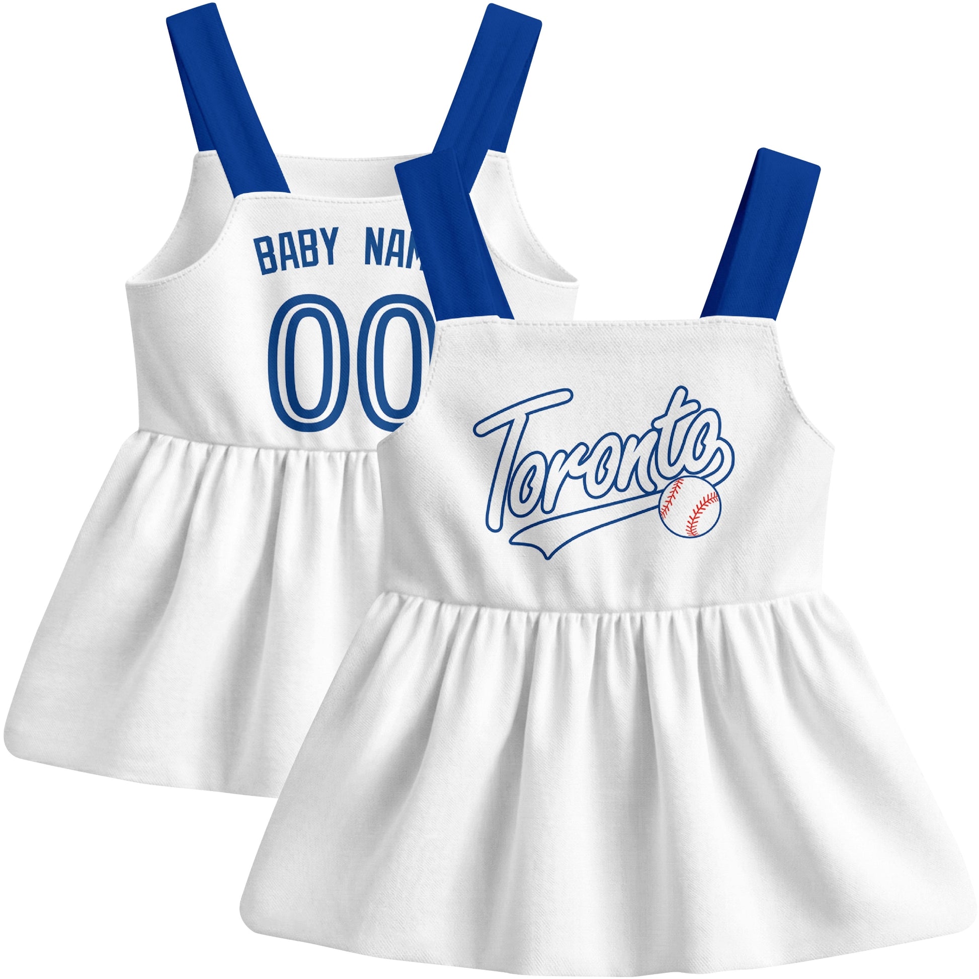 White Toronto-inspired baseball baby strap dress front and back view with custom name and number