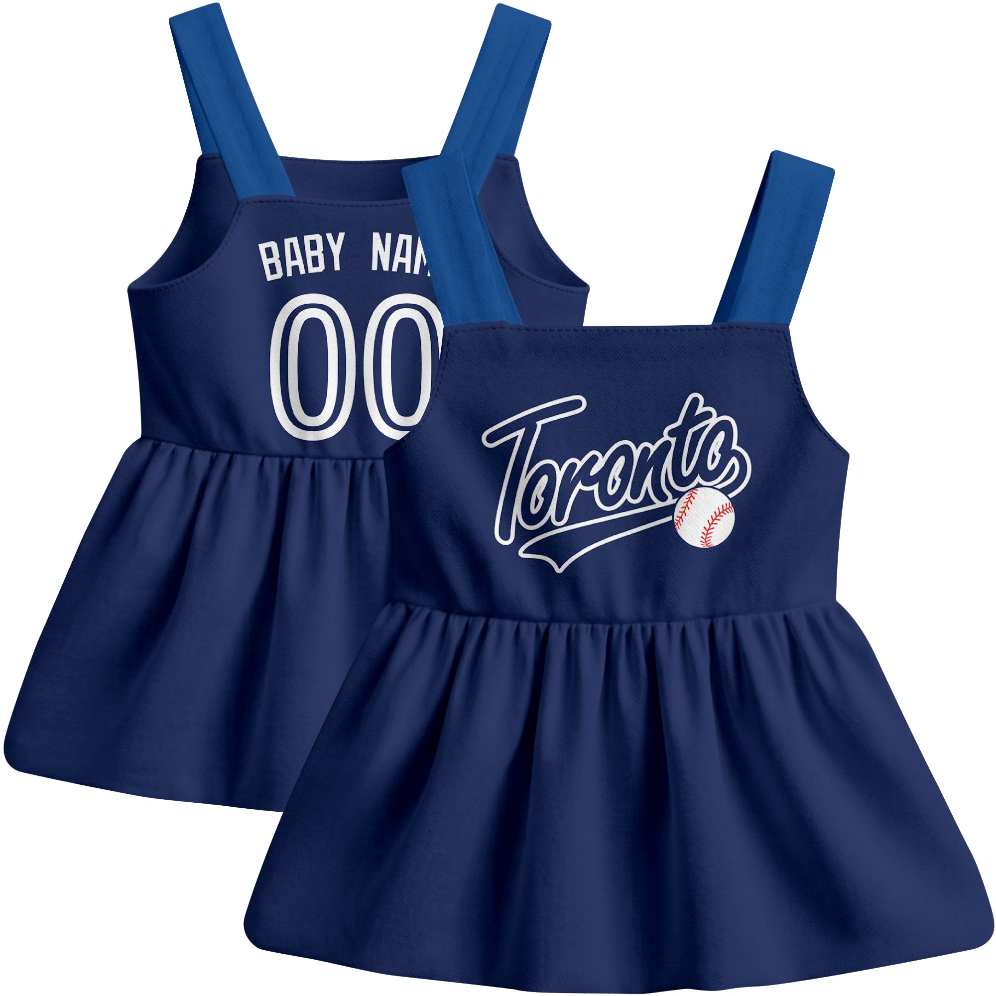 Navy Toronto-inspired baseball baby strap dress front and back view with custom name and number