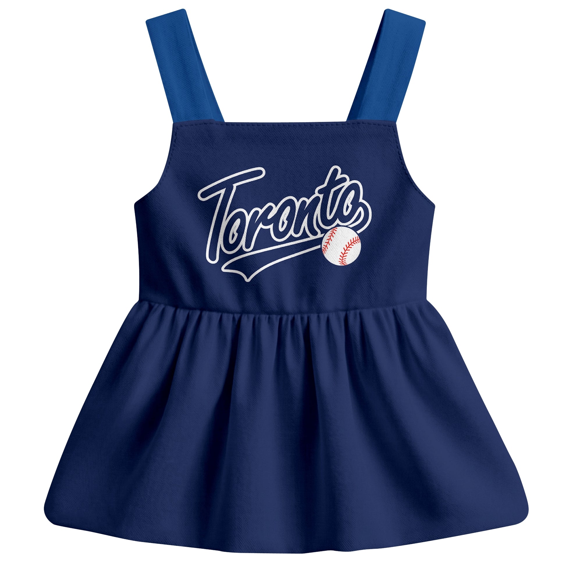 Navy Toronto-inspired baseball baby strap dress front view with bold baseball graphic