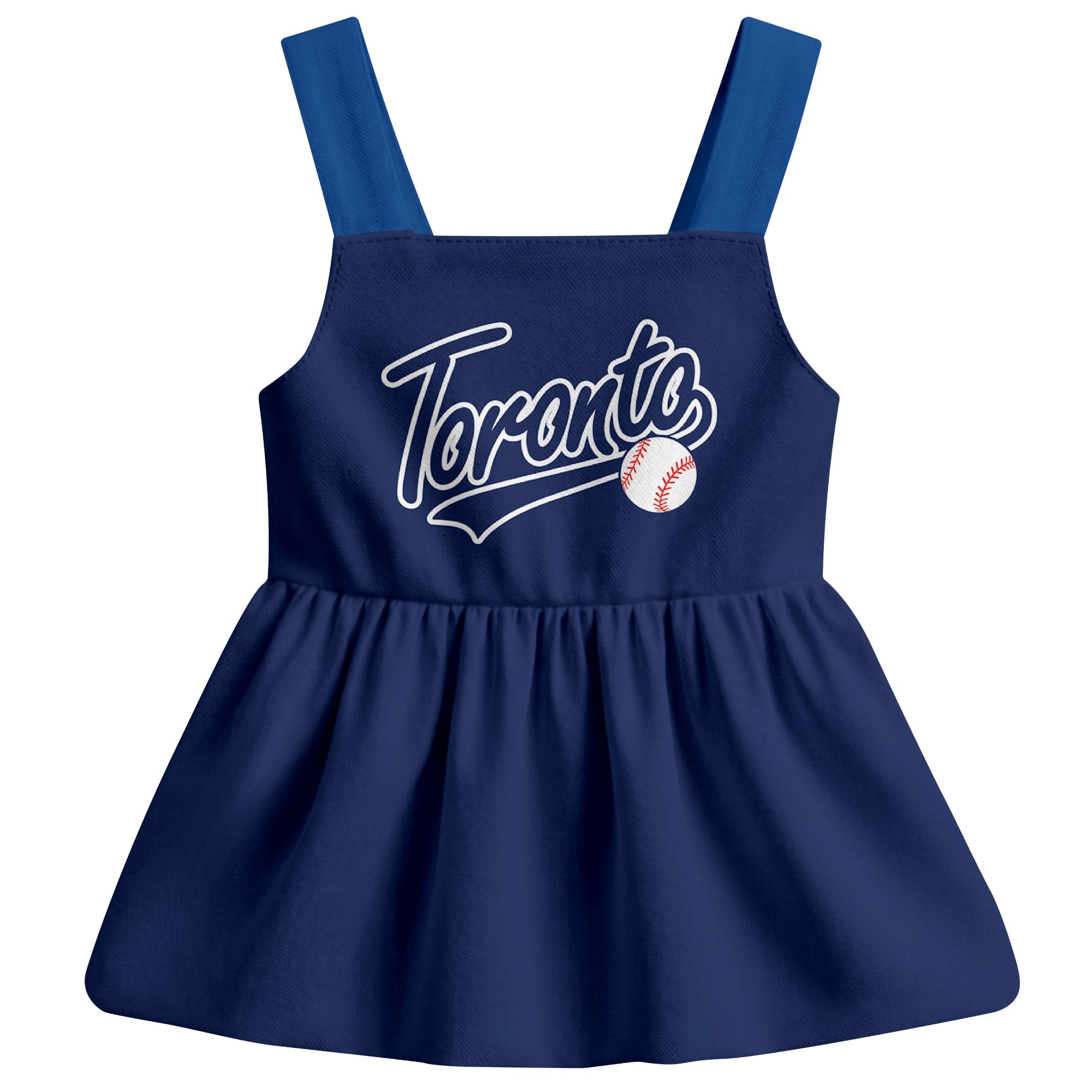 Navy Toronto-inspired baseball baby strap dress front view with bold baseball graphic