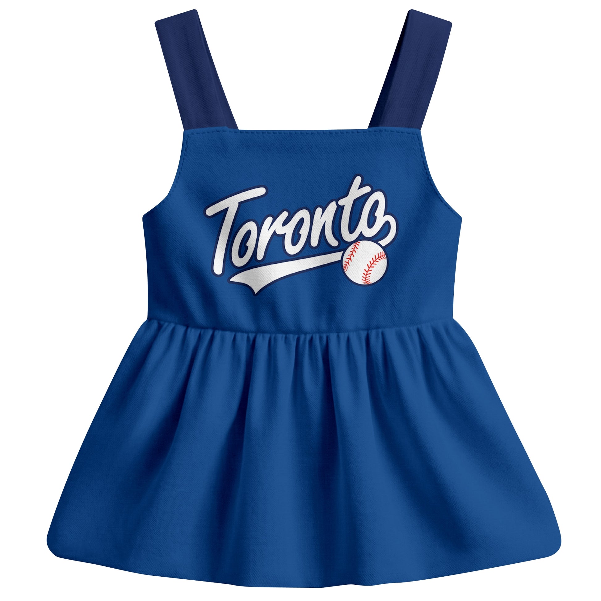 Royal Toronto-inspired baseball baby strap dress front view with bold baseball graphic