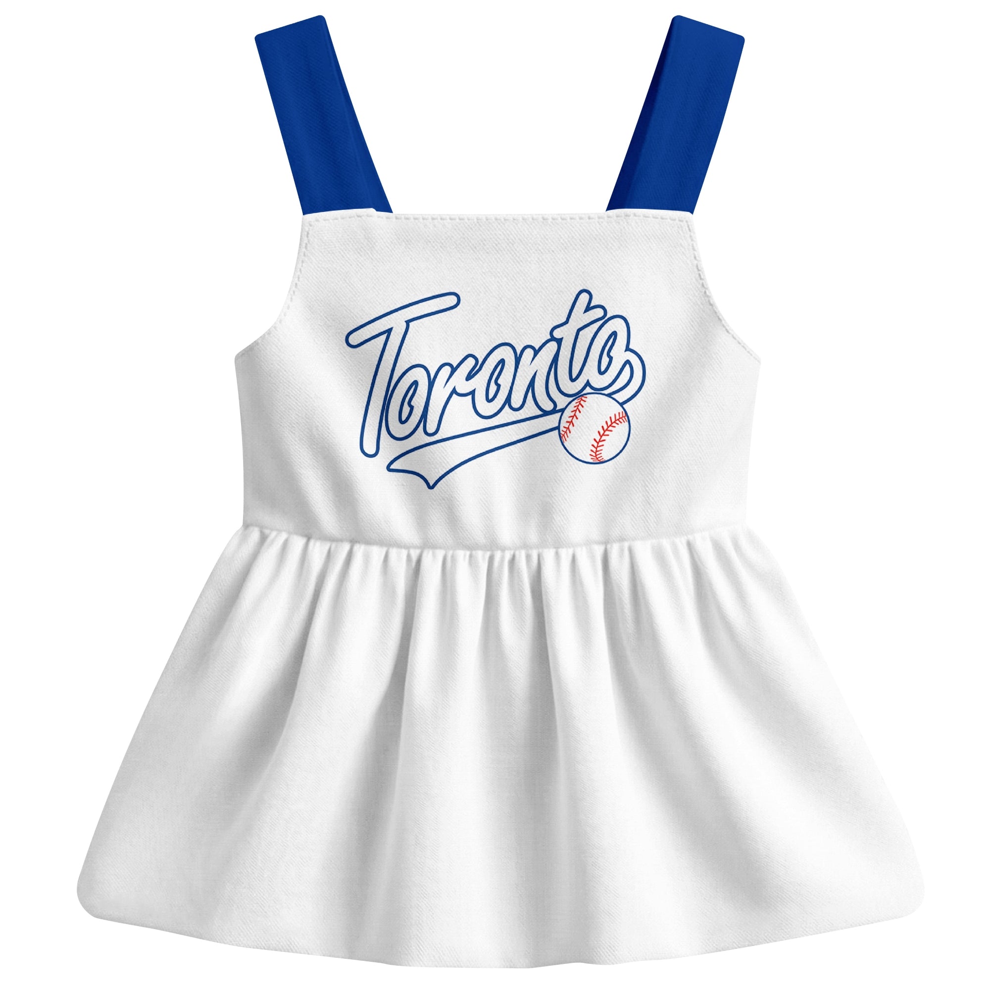 White Toronto-inspired baseball baby strap dress front view with bold baseball graphic