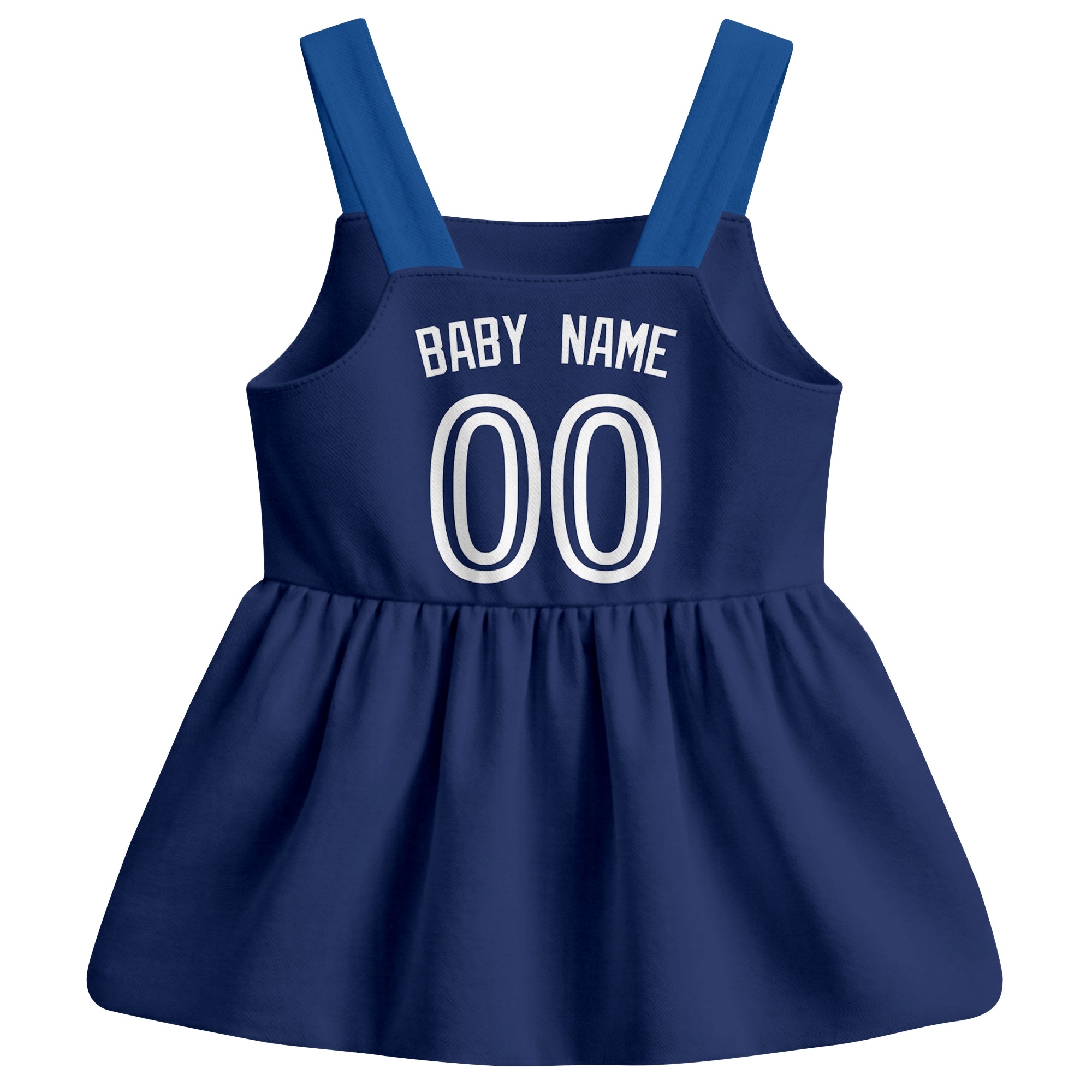 Navy Toronto-inspired baseball baby strap dress back view with custom baby name and number