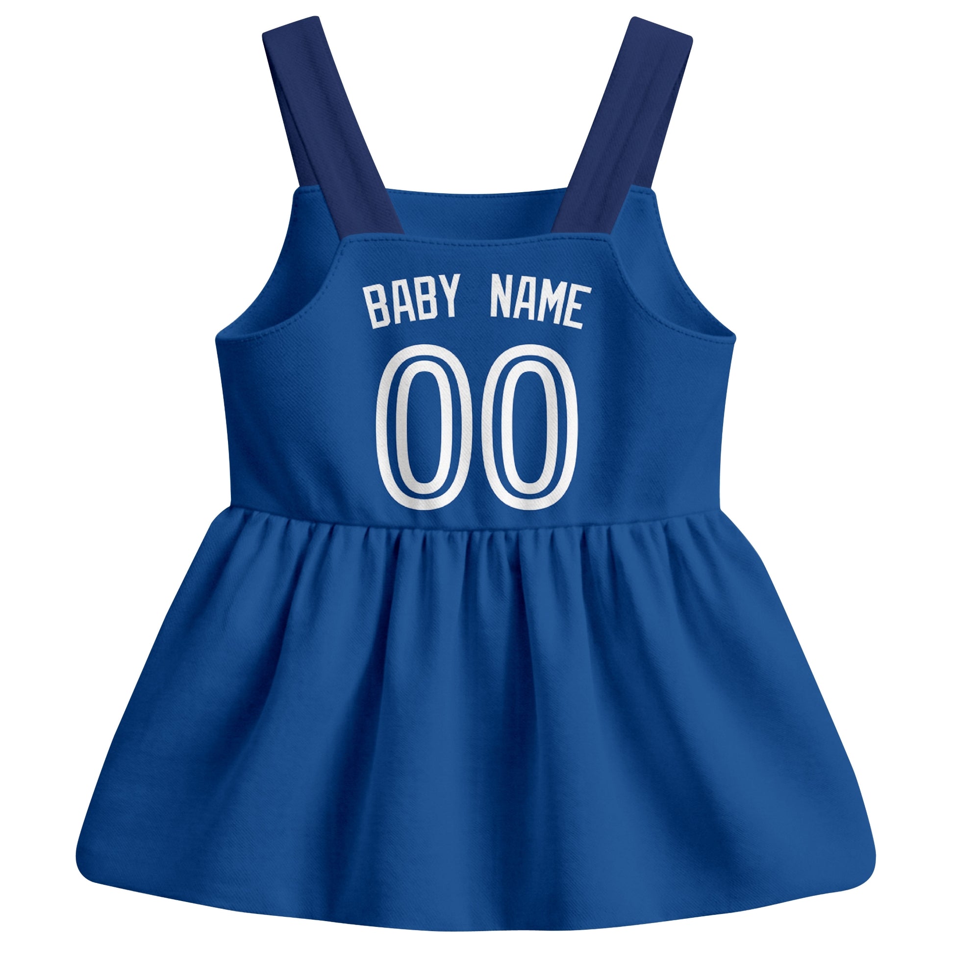 Royal Toronto-inspired baseball baby strap dress back view with custom baby name and number