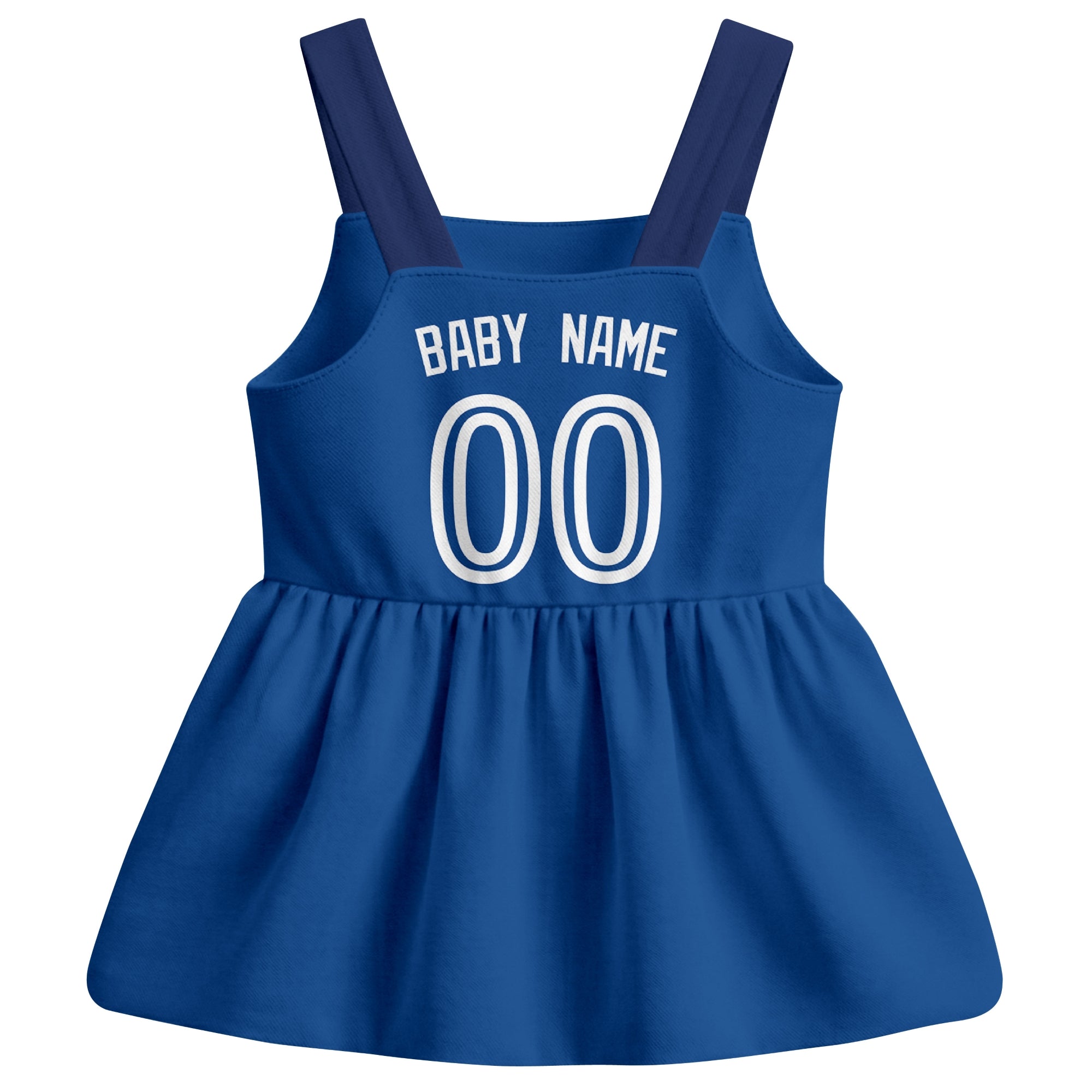 Royal Toronto-inspired baseball baby strap dress back view with custom baby name and number