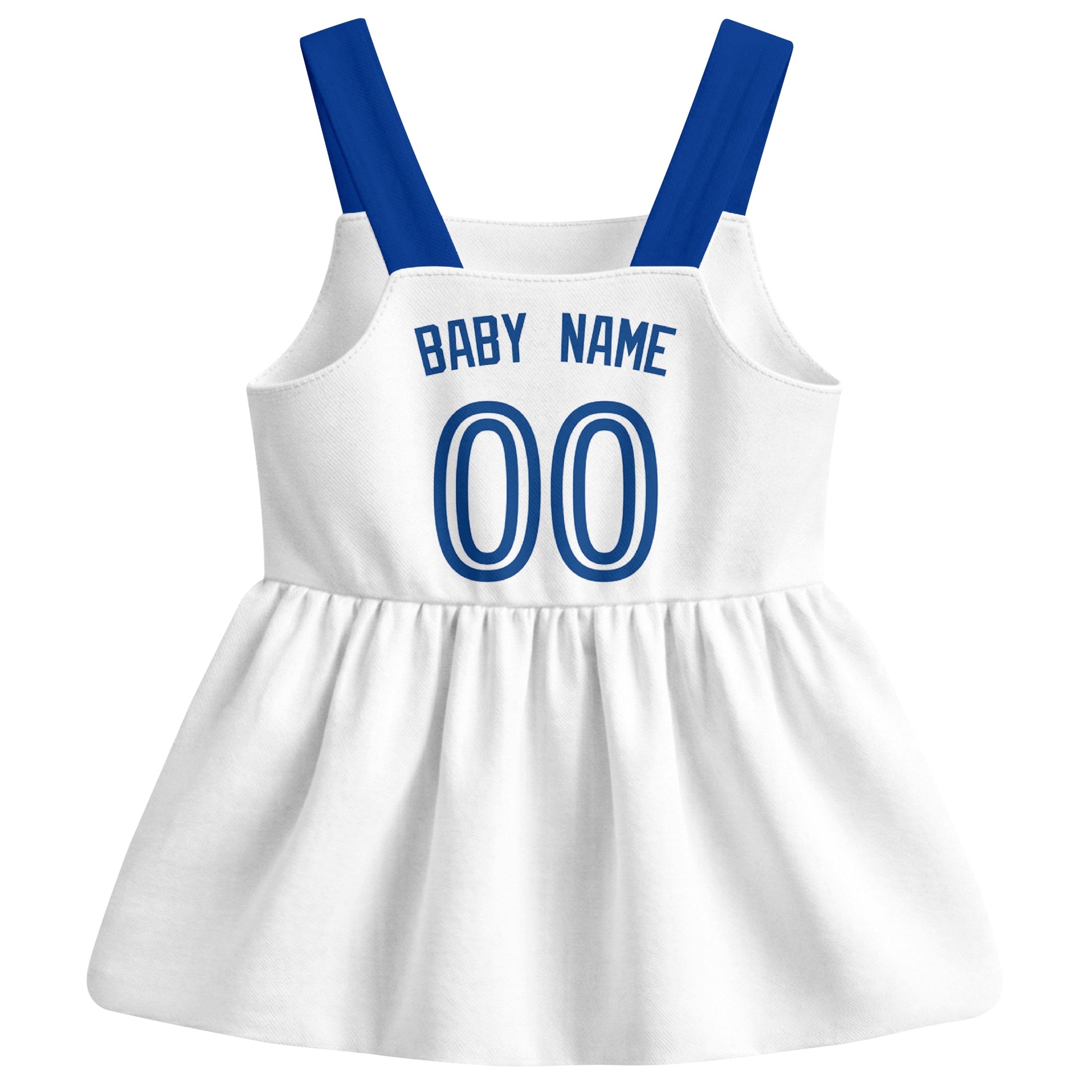 White Toronto-inspired baseball baby strap dress back view with custom baby name and number