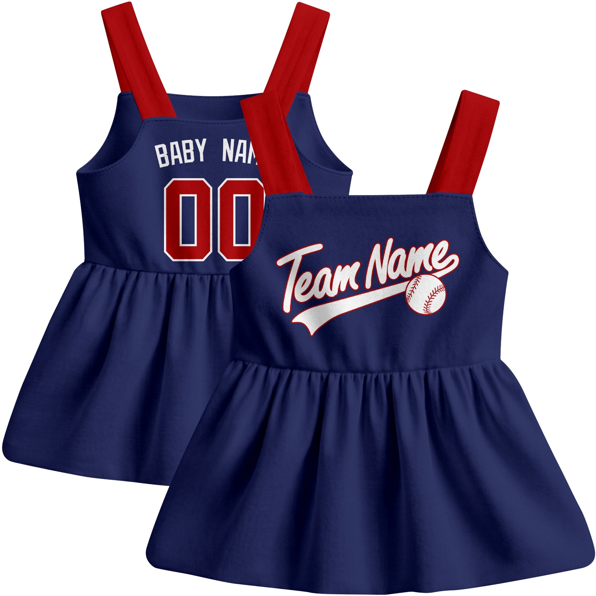 Navy Washington-inspired baseball baby strap dress front and back view with custom name and number