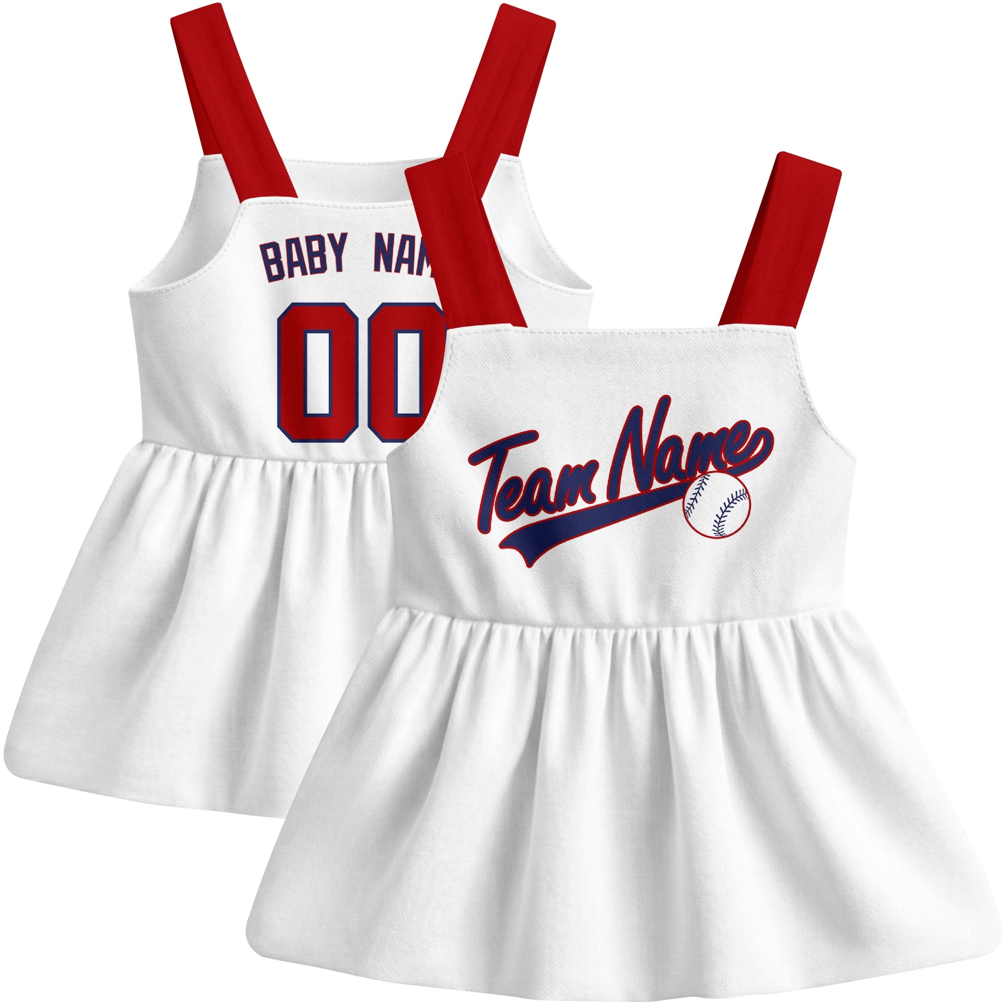 White Washington-inspired baseball baby strap dress front and back view with custom name and number