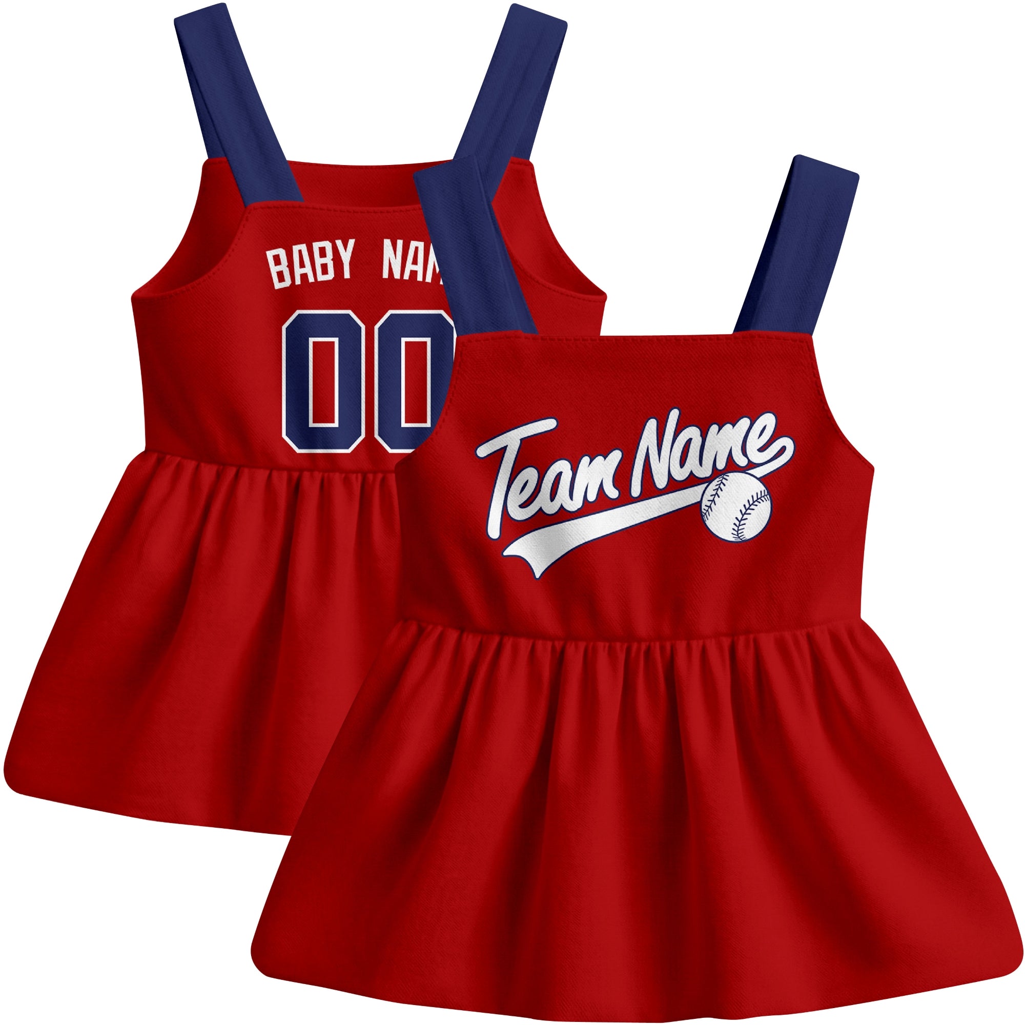 Red Washington-inspired baseball baby strap dress front and back view with custom name and number