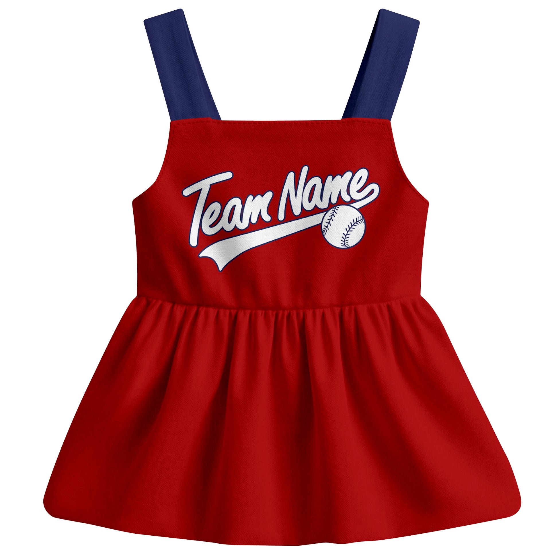 Red Washington-inspired baseball baby strap dress front view with bold baseball graphic