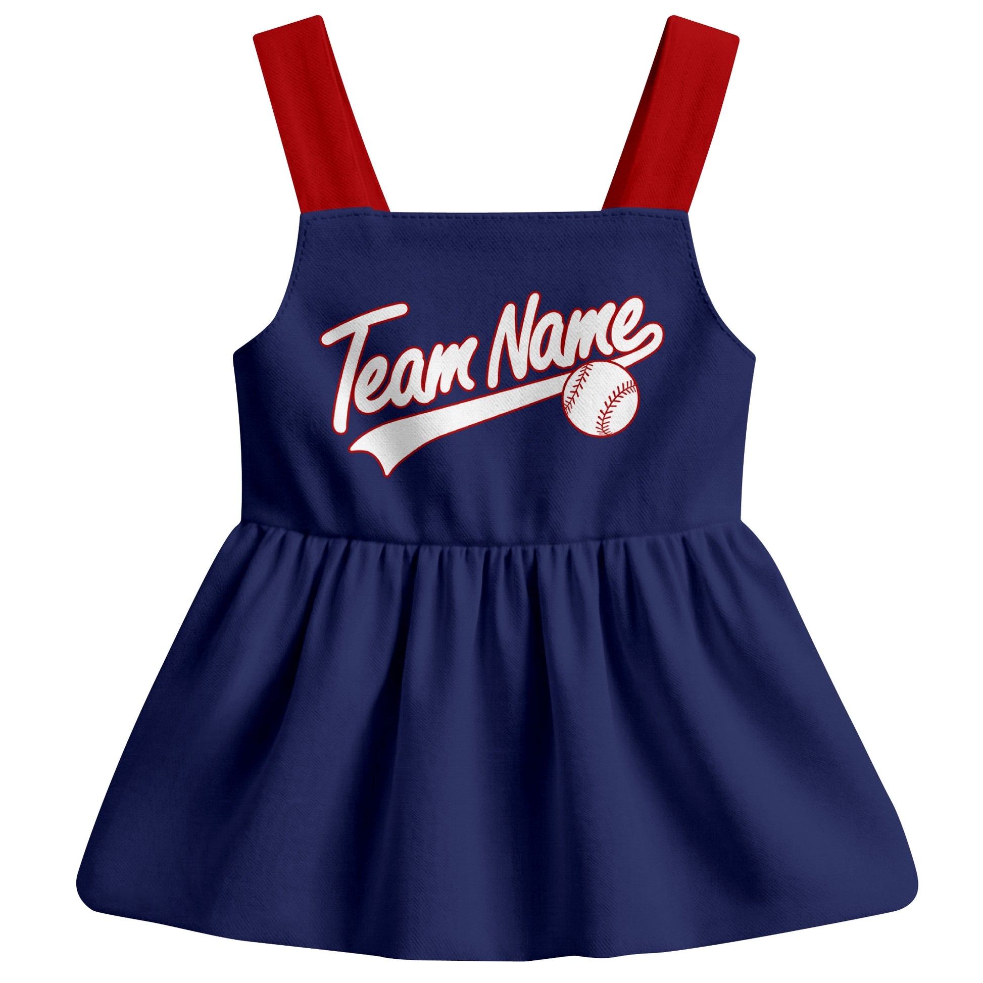 Navy Washington-inspired baseball baby strap dress front view with bold baseball graphic