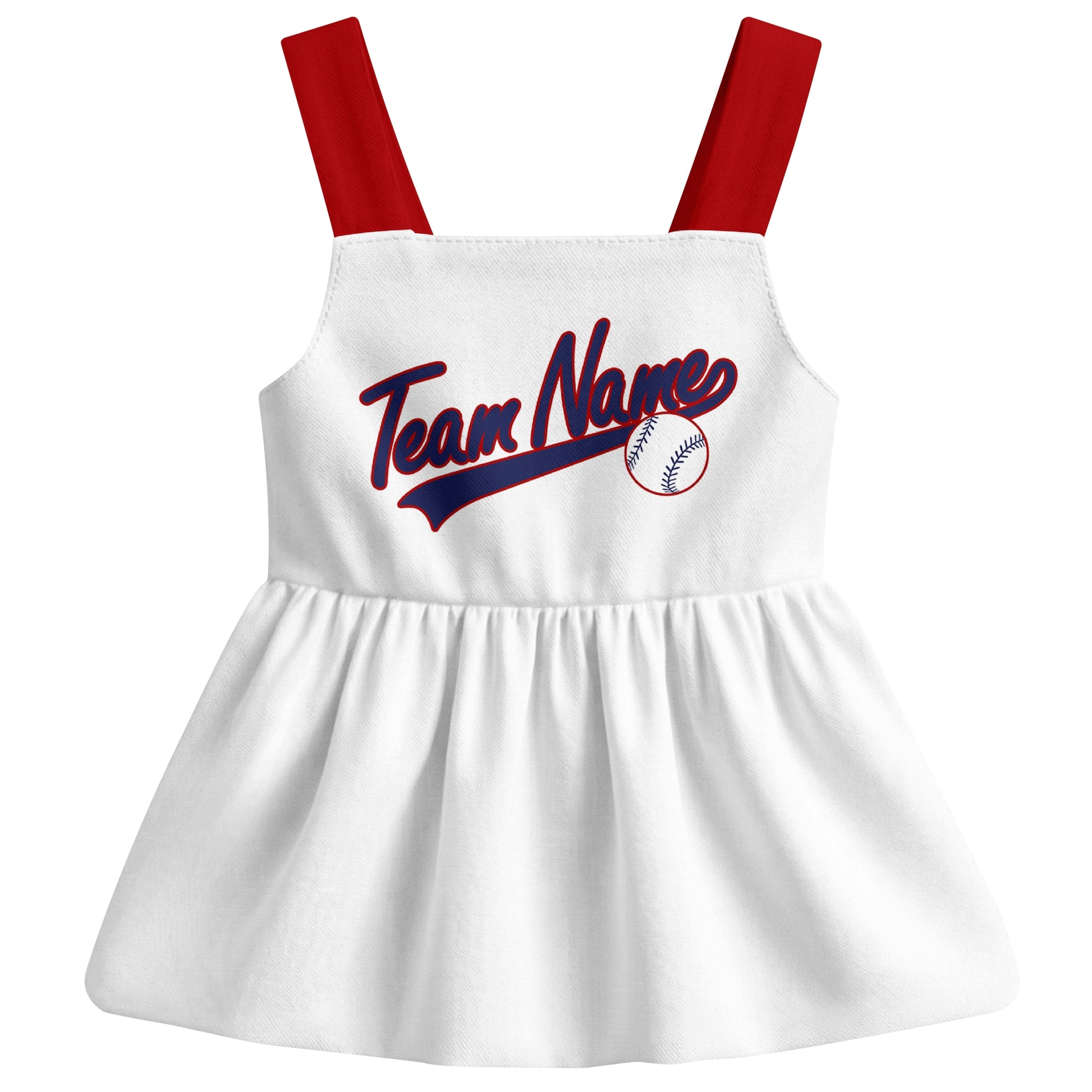 White Washington-inspired baseball baby strap dress front view with bold baseball graphic