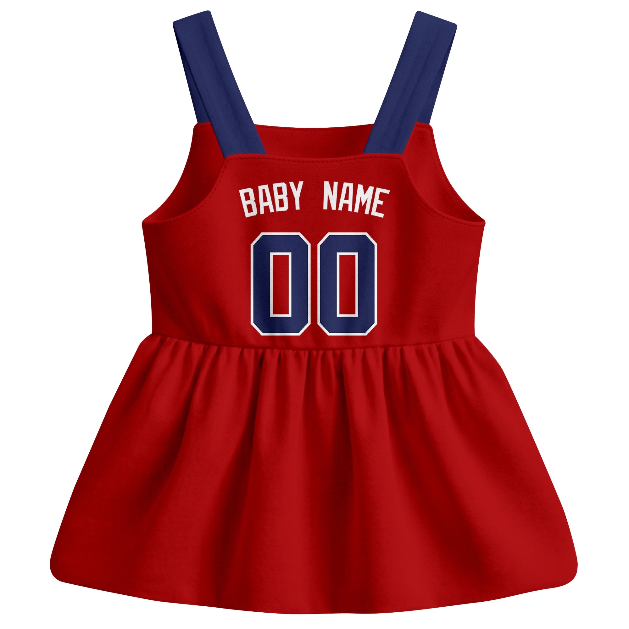 Red Washington-inspired baseball baby strap dress back view with custom baby name and number