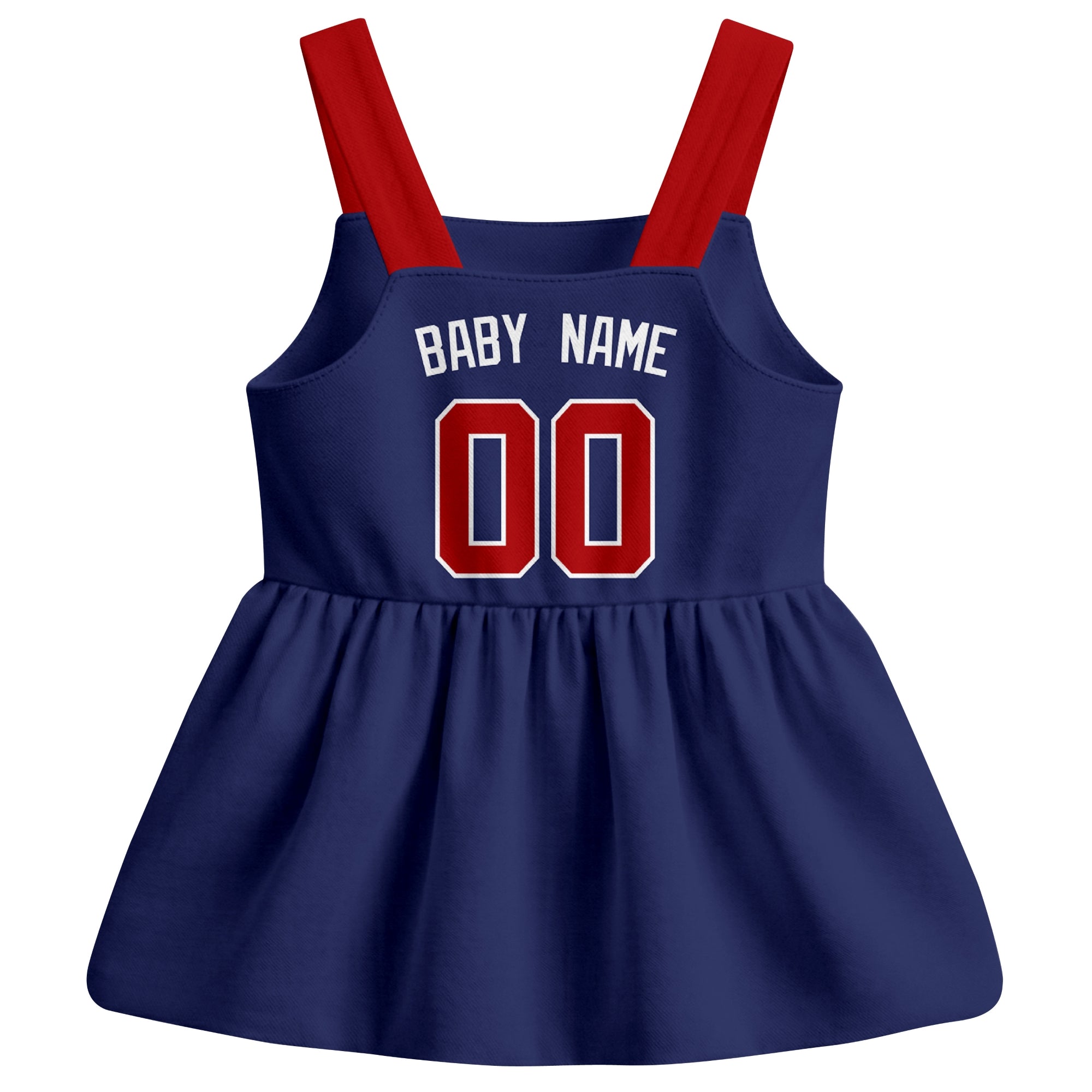 Navy Washington-inspired baseball baby strap dress back view with custom baby name and number