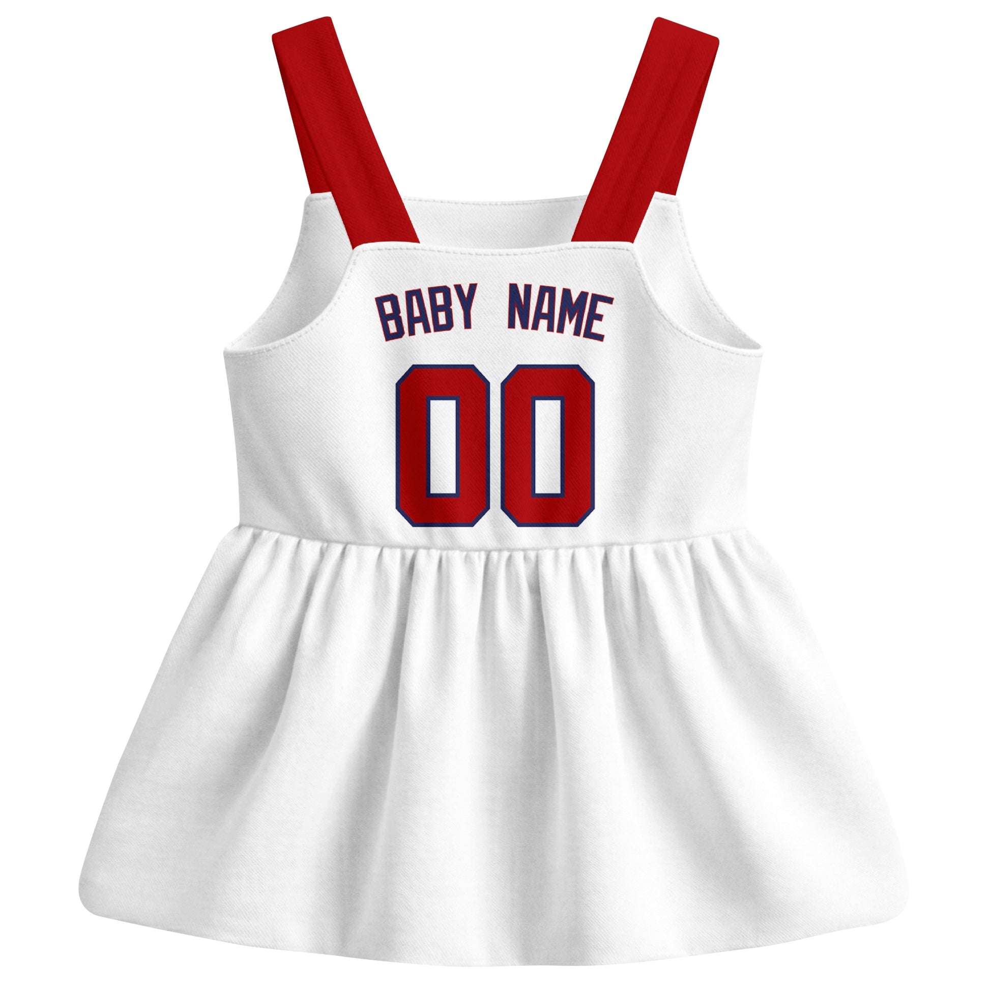 White Washington-inspired baseball baby strap dress back view with custom baby name and number