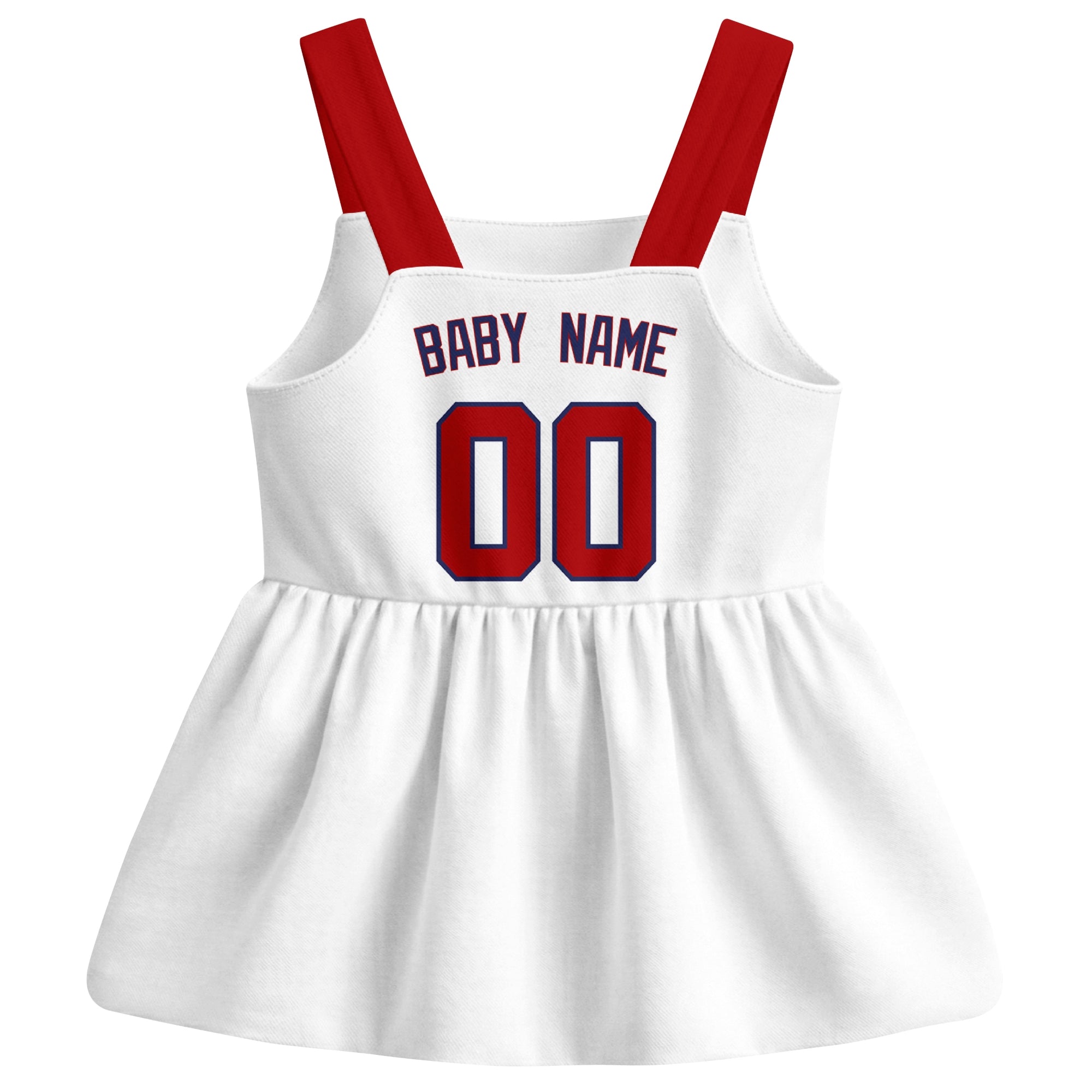White Washington-inspired baseball baby strap dress back view with custom baby name and number