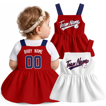 Washington-inspired baseball baby strap dress modeled in Red, with Red and White front designs shown