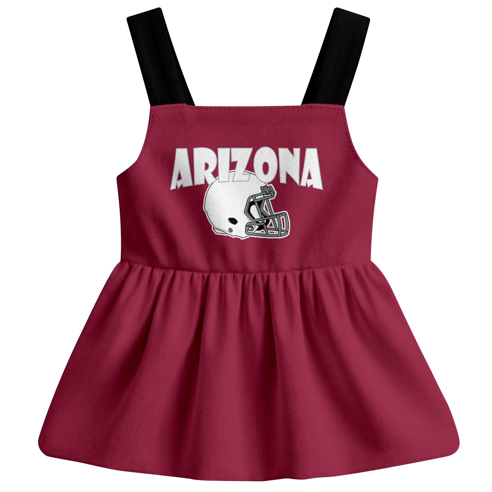 Arizona football baby suspender dress front view with city-color football graphic
