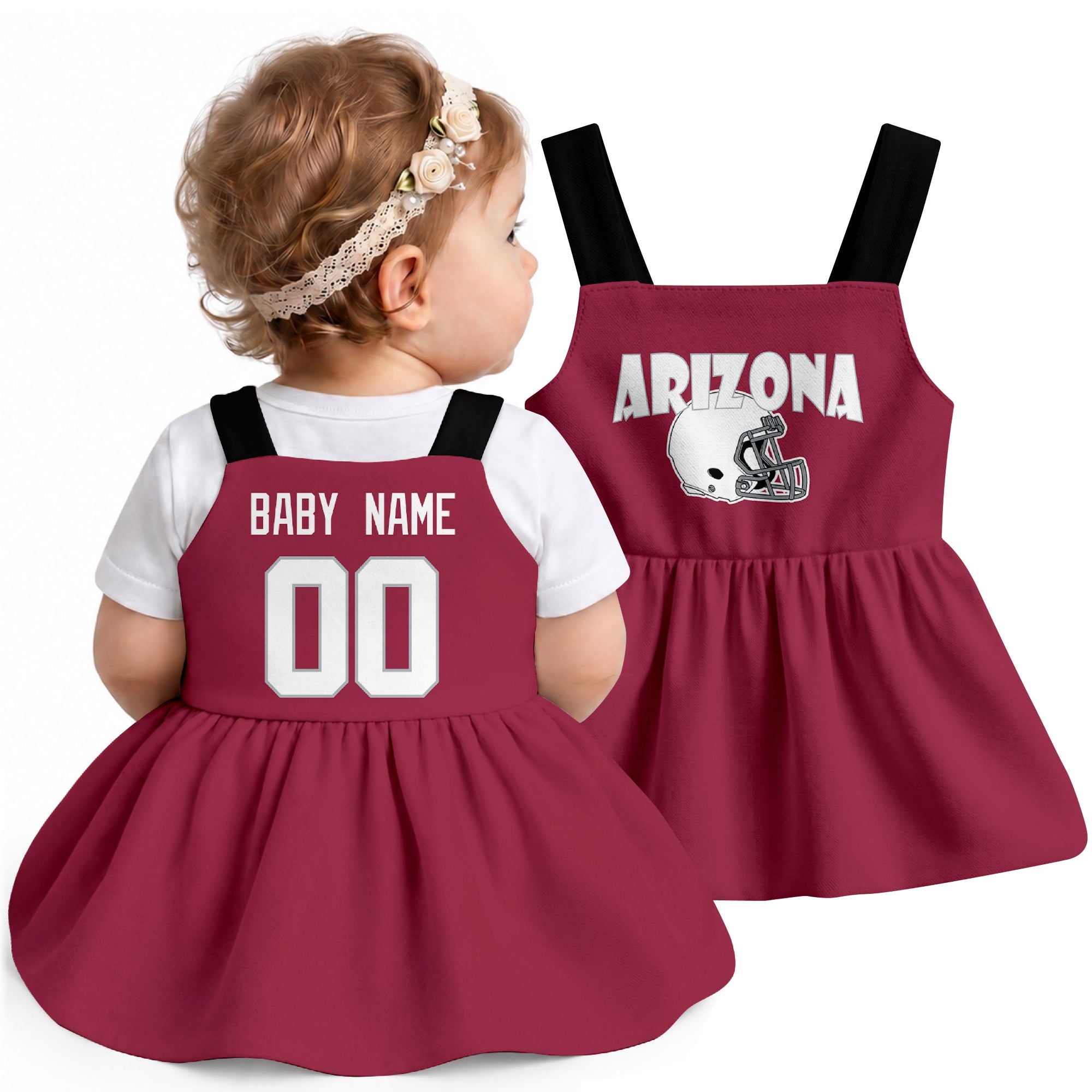 Personalized Arizona football baby suspender dress shown on baby in Red city-color style
