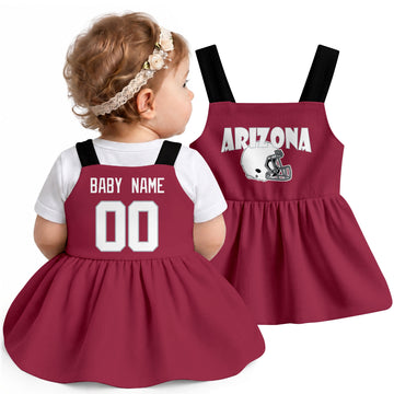 Personalized Arizona football baby suspender dress shown on baby in Red city-color style