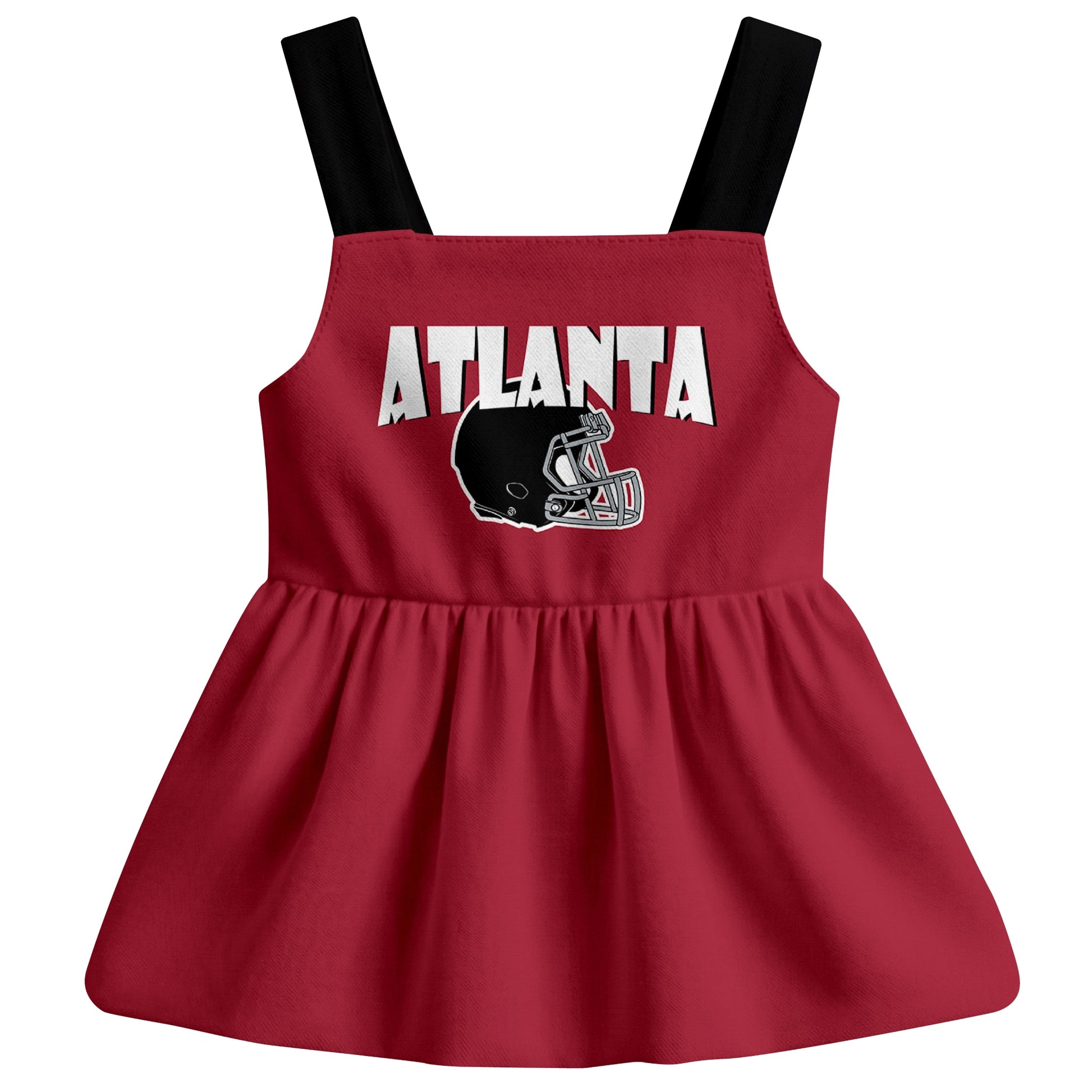 Atlanta football baby suspender dress front view with city-color football graphic