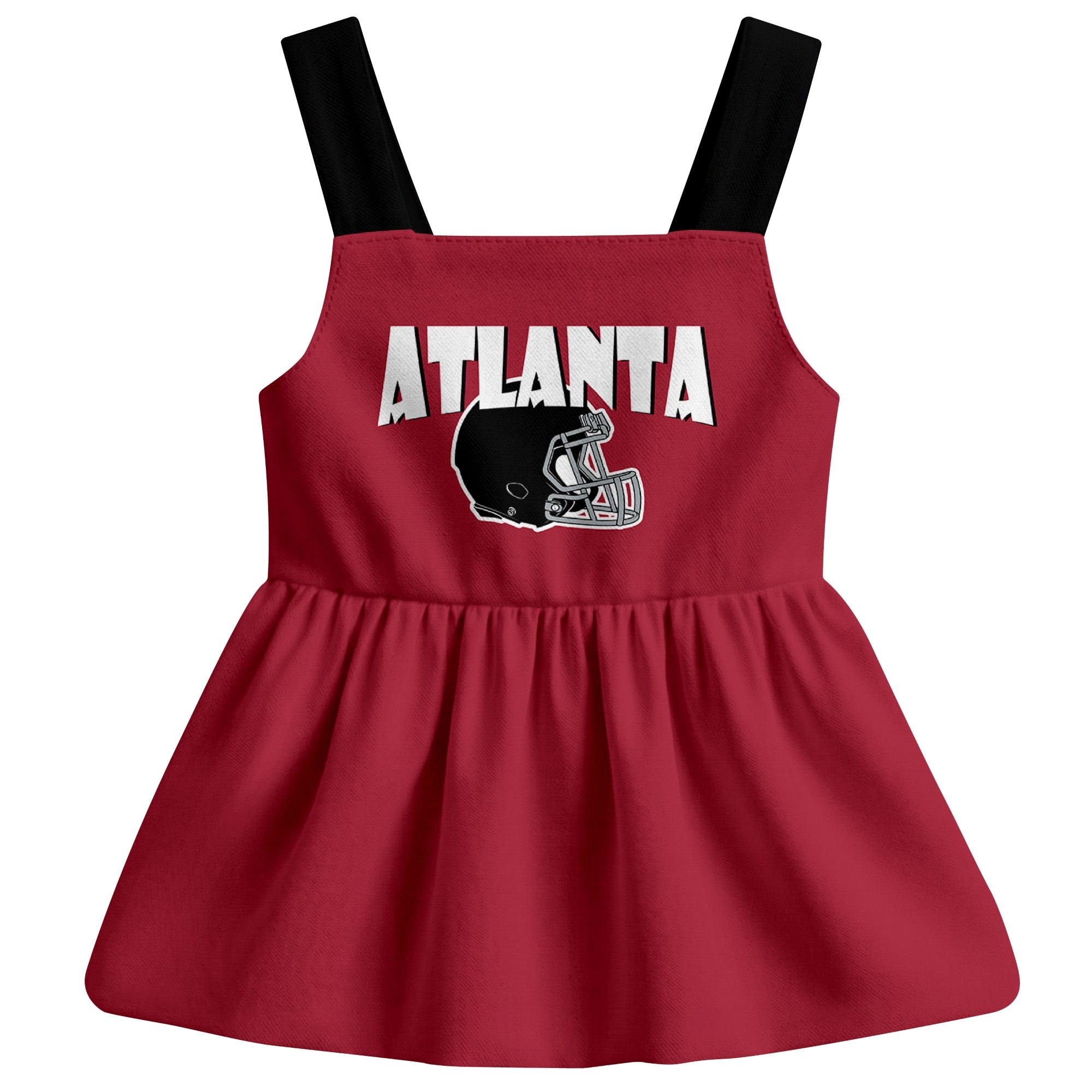 Atlanta football baby suspender dress front view with city-color football graphic