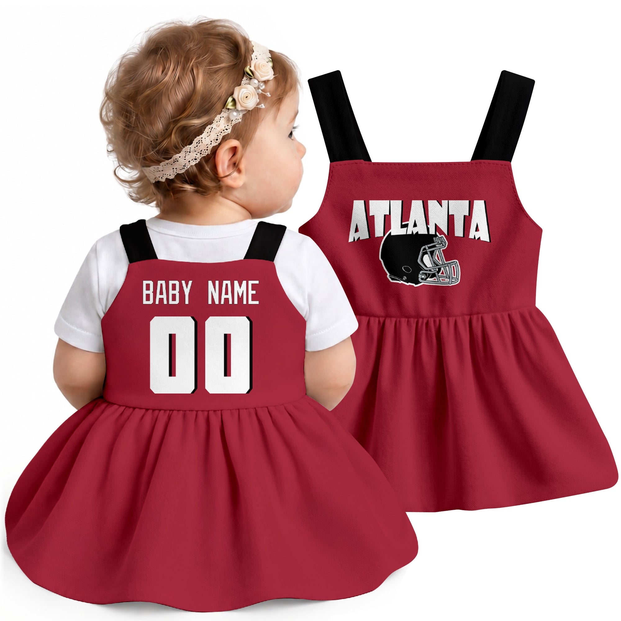 Personalized Atlanta football baby suspender dress shown on baby in Red city-color style