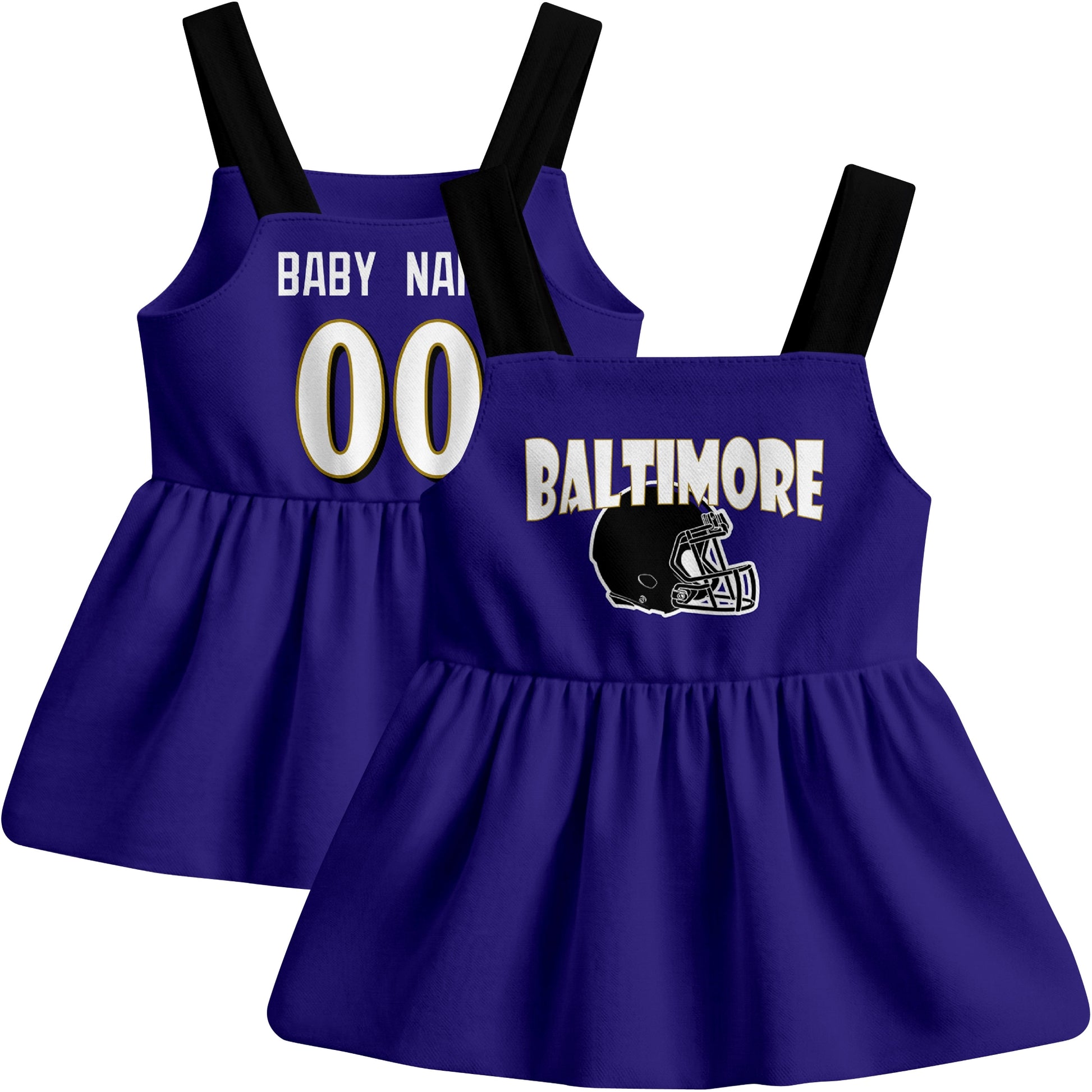 Baltimore football baby suspender dress front and back view in Purple city-color style