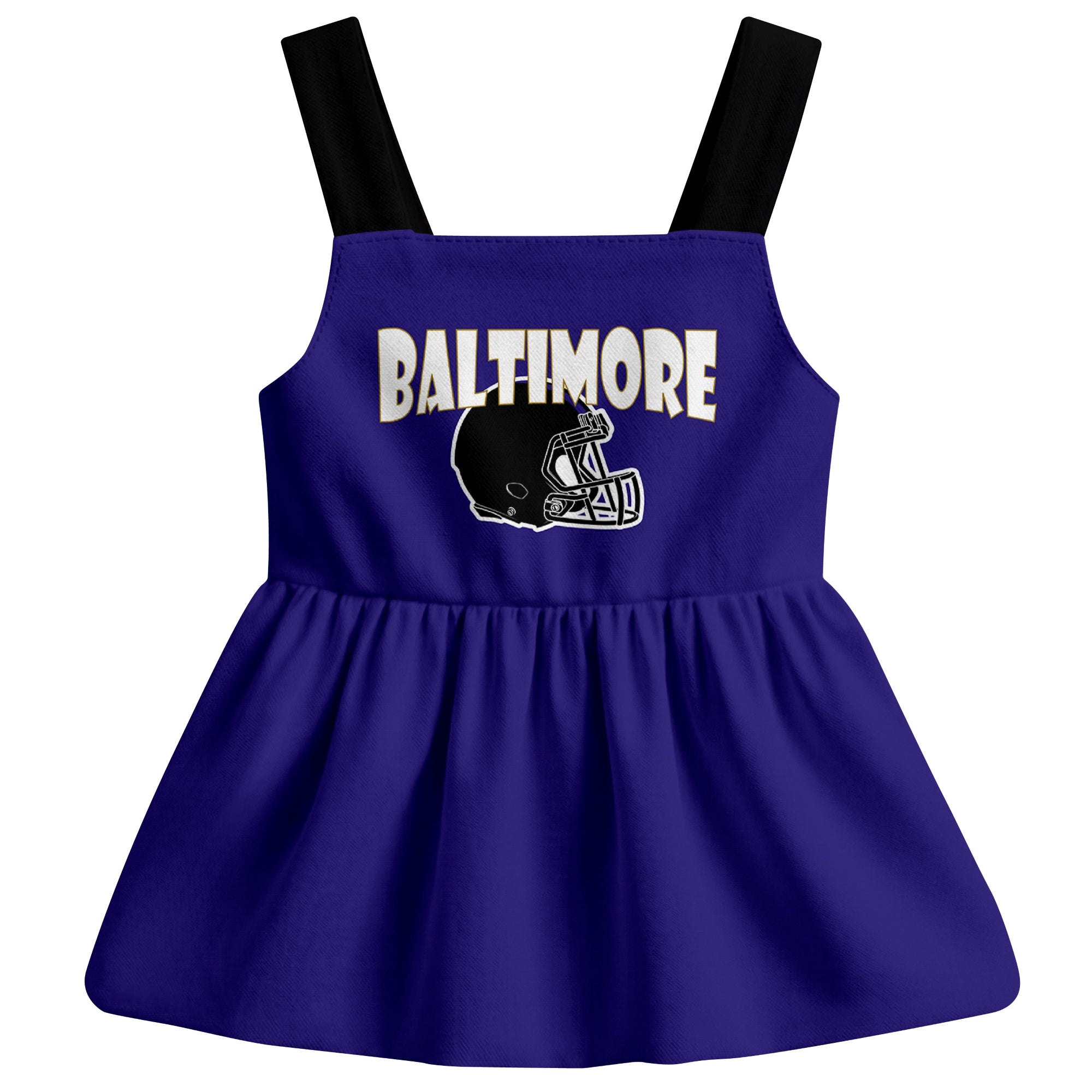Baltimore football baby suspender dress front view with city-color football graphic