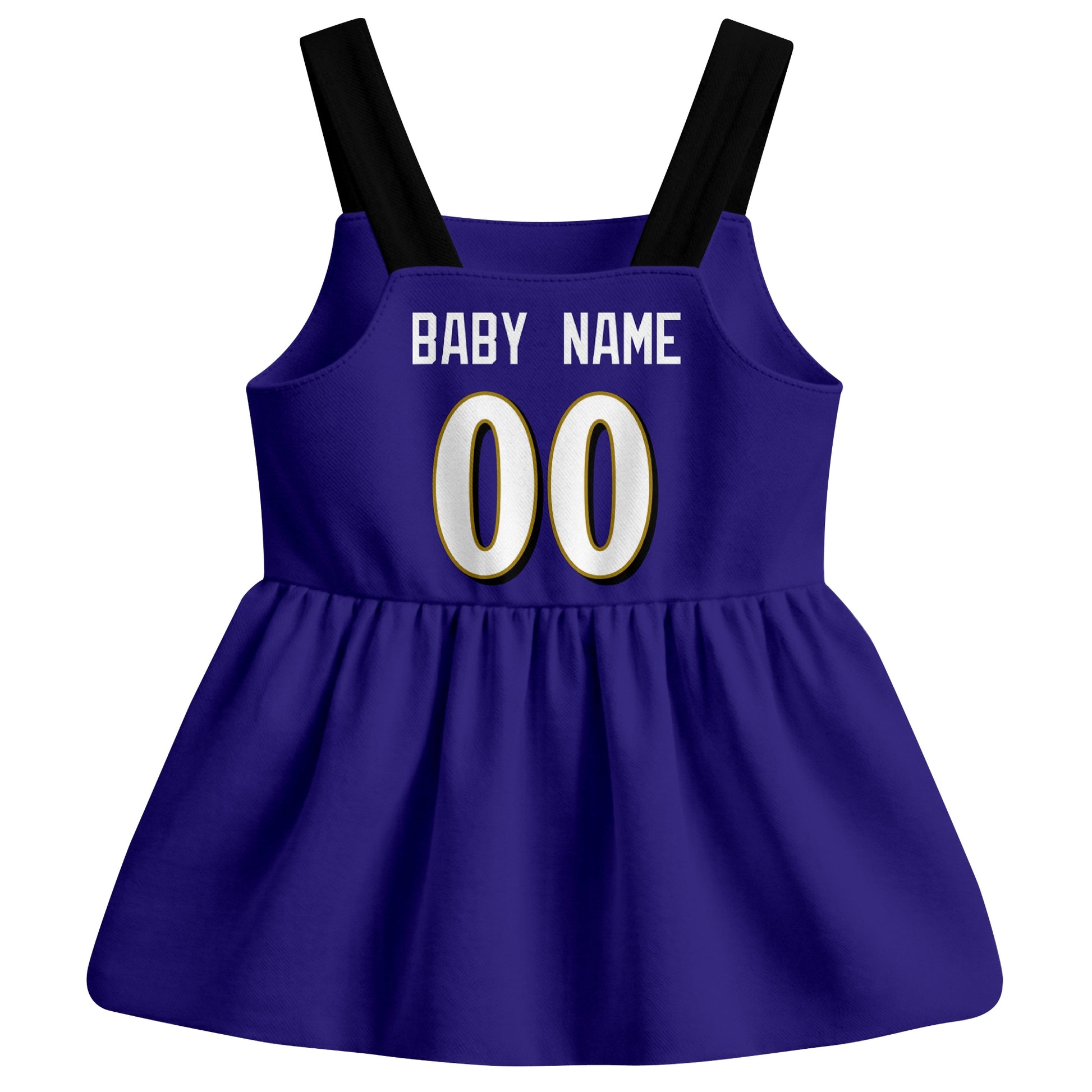 Baltimore football baby suspender dress back view with custom baby name and number