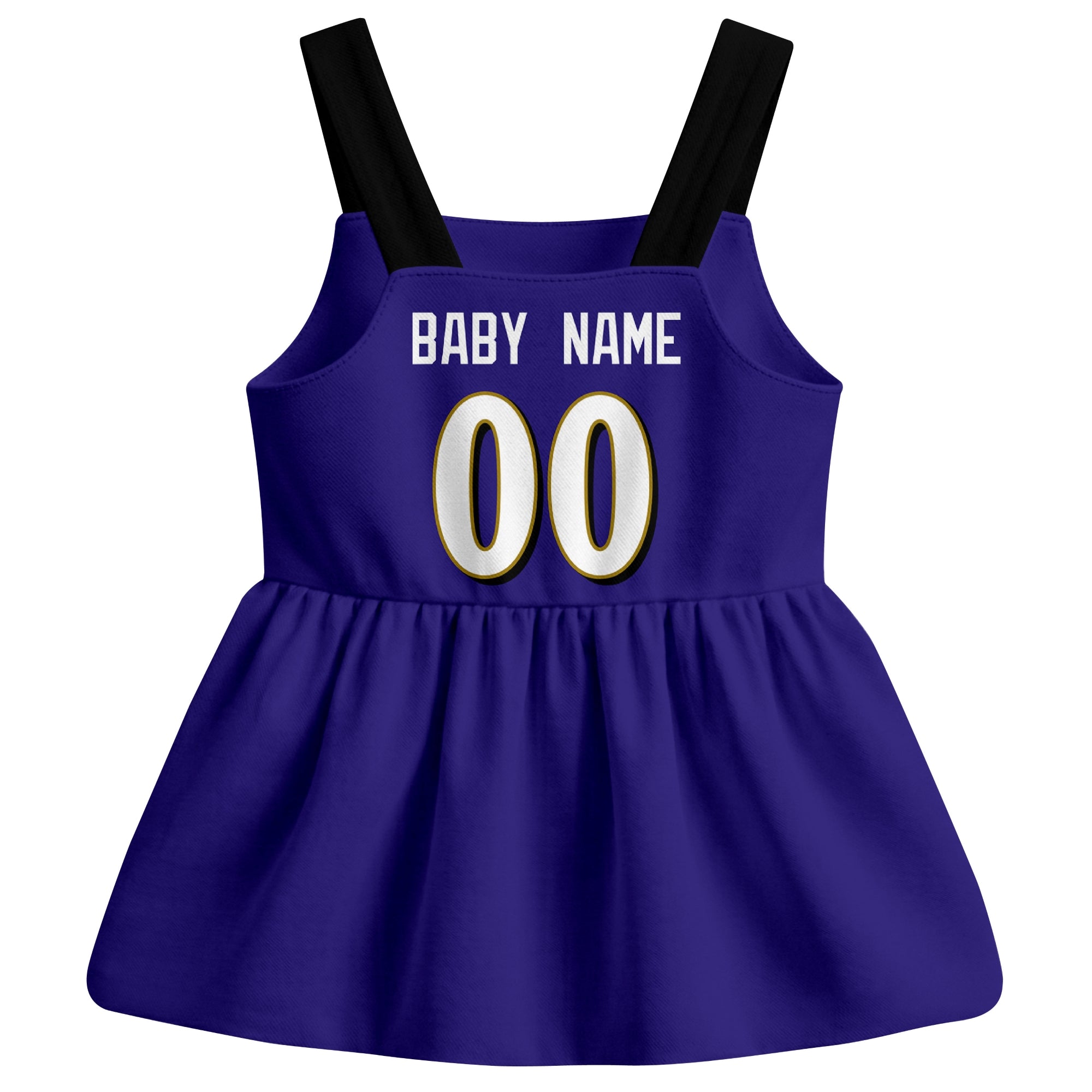 Baltimore football baby suspender dress back view with custom baby name and number