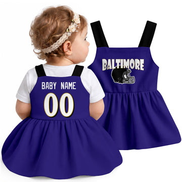 Personalized Baltimore football baby suspender dress shown on baby in Purple city-color style