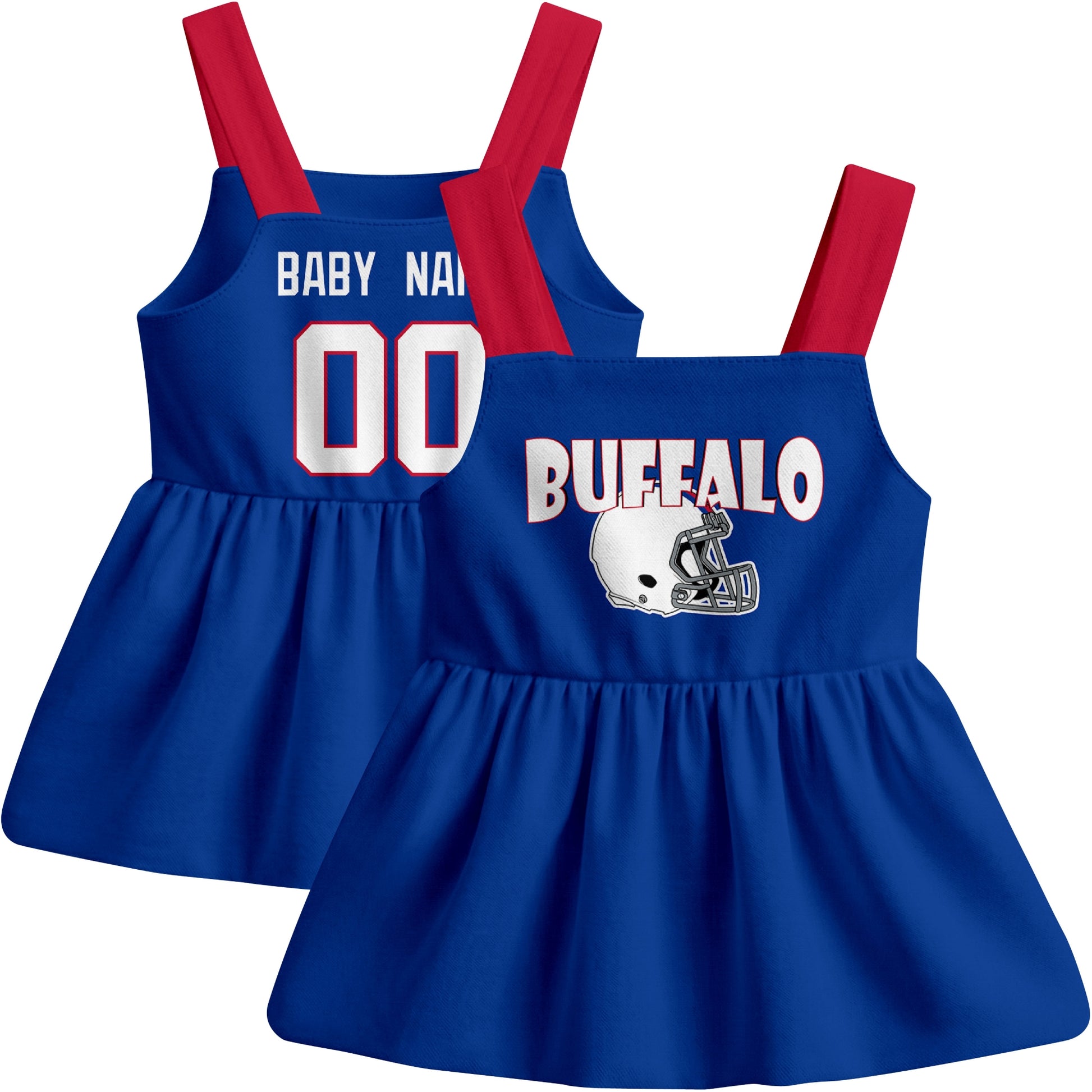 Buffalo football baby suspender dress front and back view in Royal city-color style