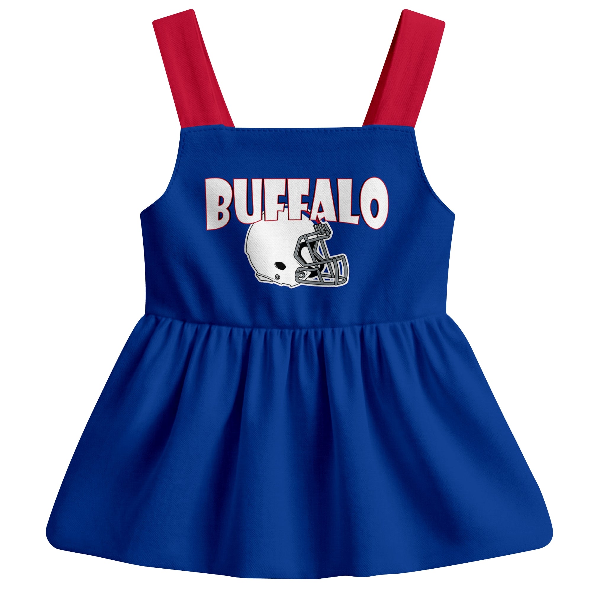 Buffalo football baby suspender dress front view with city-color football graphic