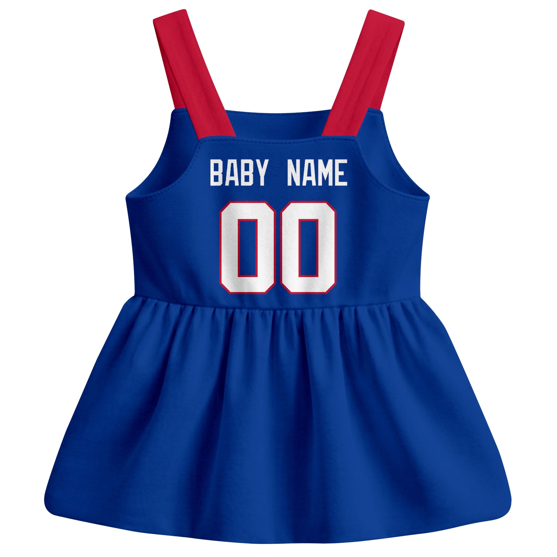Buffalo football baby suspender dress back view with custom baby name and number